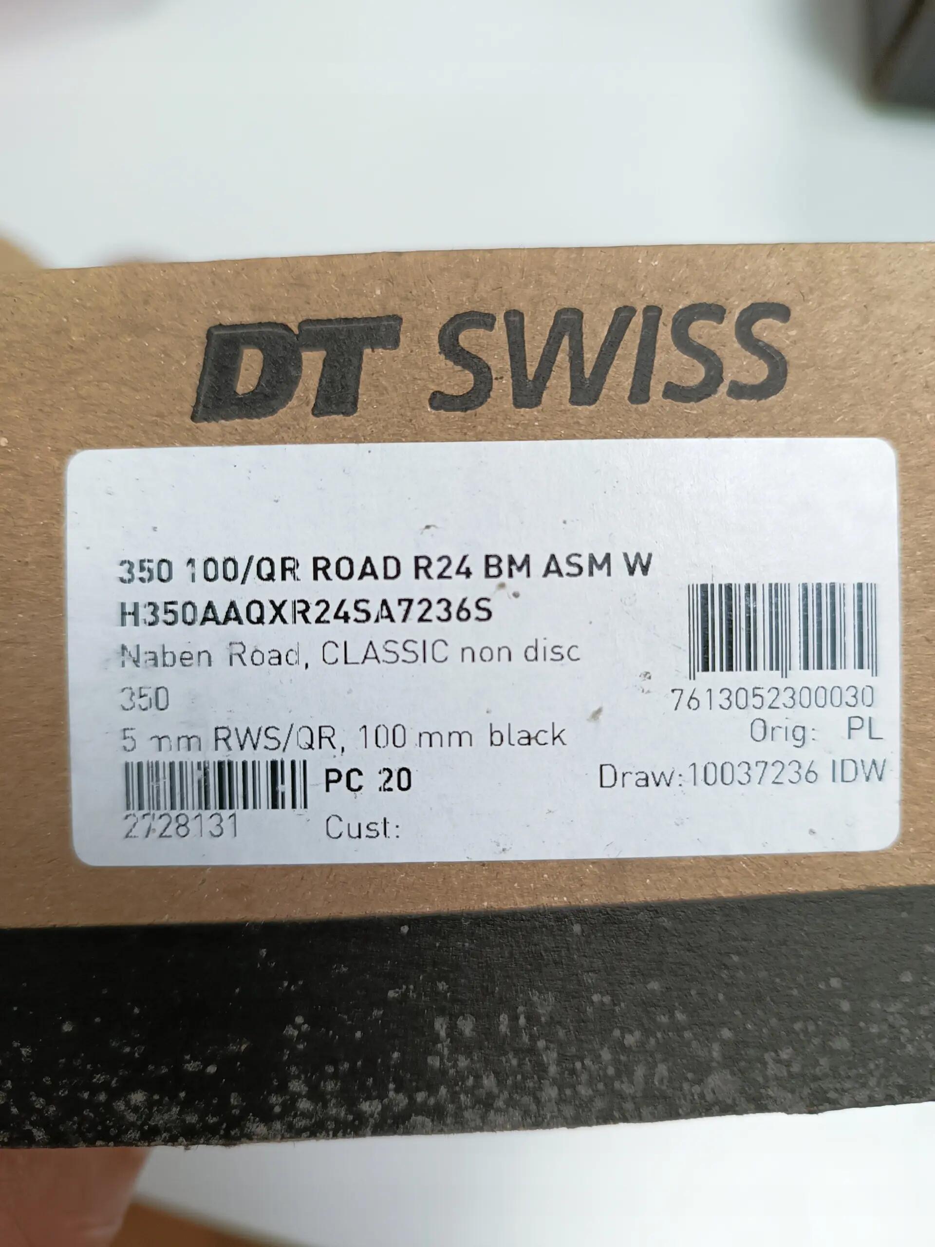 Cubo dianteiro DT Swiss 350 QR 5x100 mm 24 furos para estrada/gravel 3/6