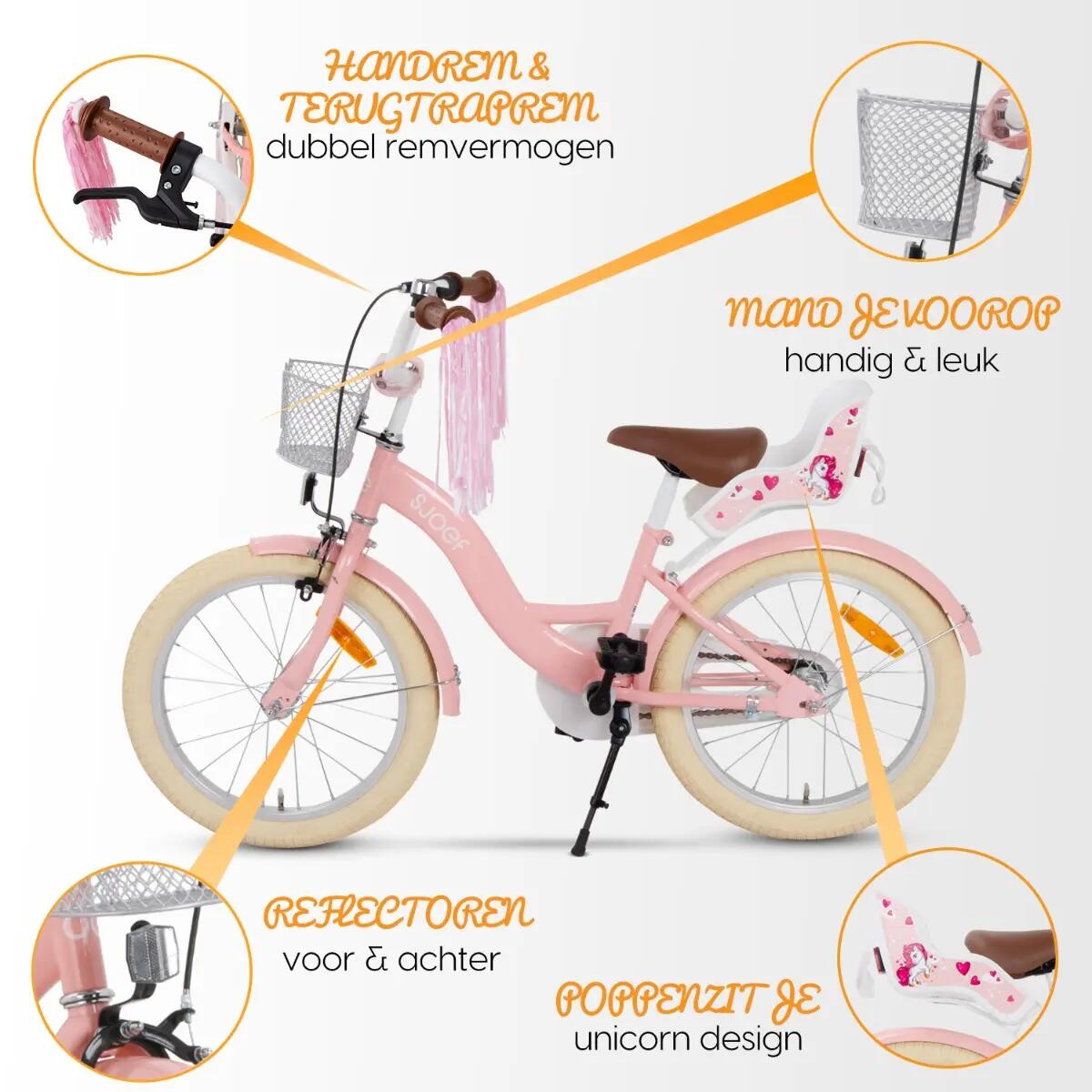 Dolly Meisjesfiets 18 inch - Kinderfiets 5-7 jaar - Fiets & Standaard – Roze 4/7