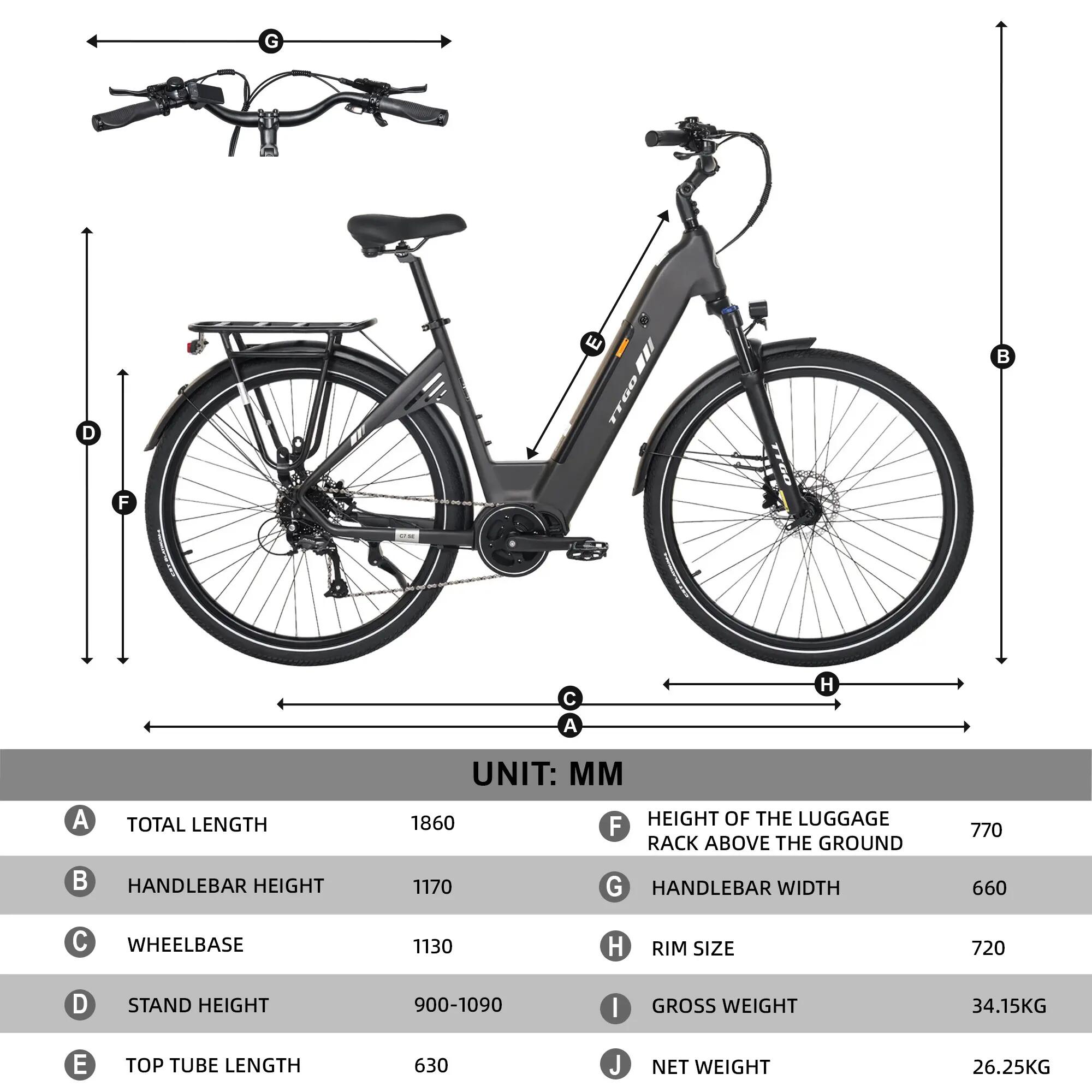 C7 SE Bicicleta elétrica para adultos Bateria 36V 18Ah Pneus de 28 polegadas 9/10