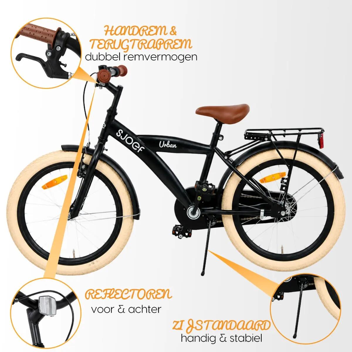 Urban Kinderfiets 20 inch - Jongensfiets 6-8 jaar - 95% afgemonteerd - Zwart 6/12