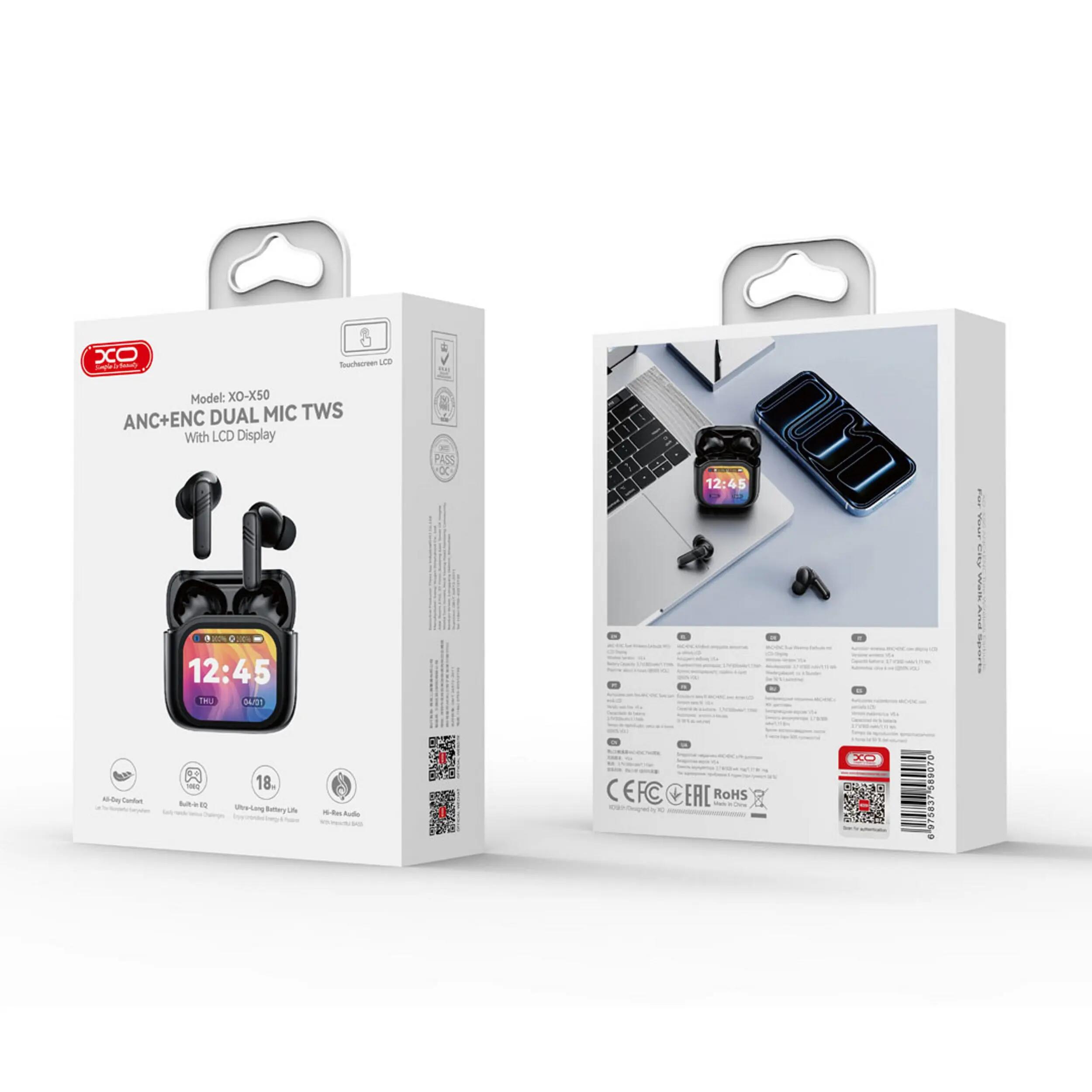 Auriculares Bluetooth XO X50 TWS pretos LCD, ANC/ENC e duplo microfone 8/8