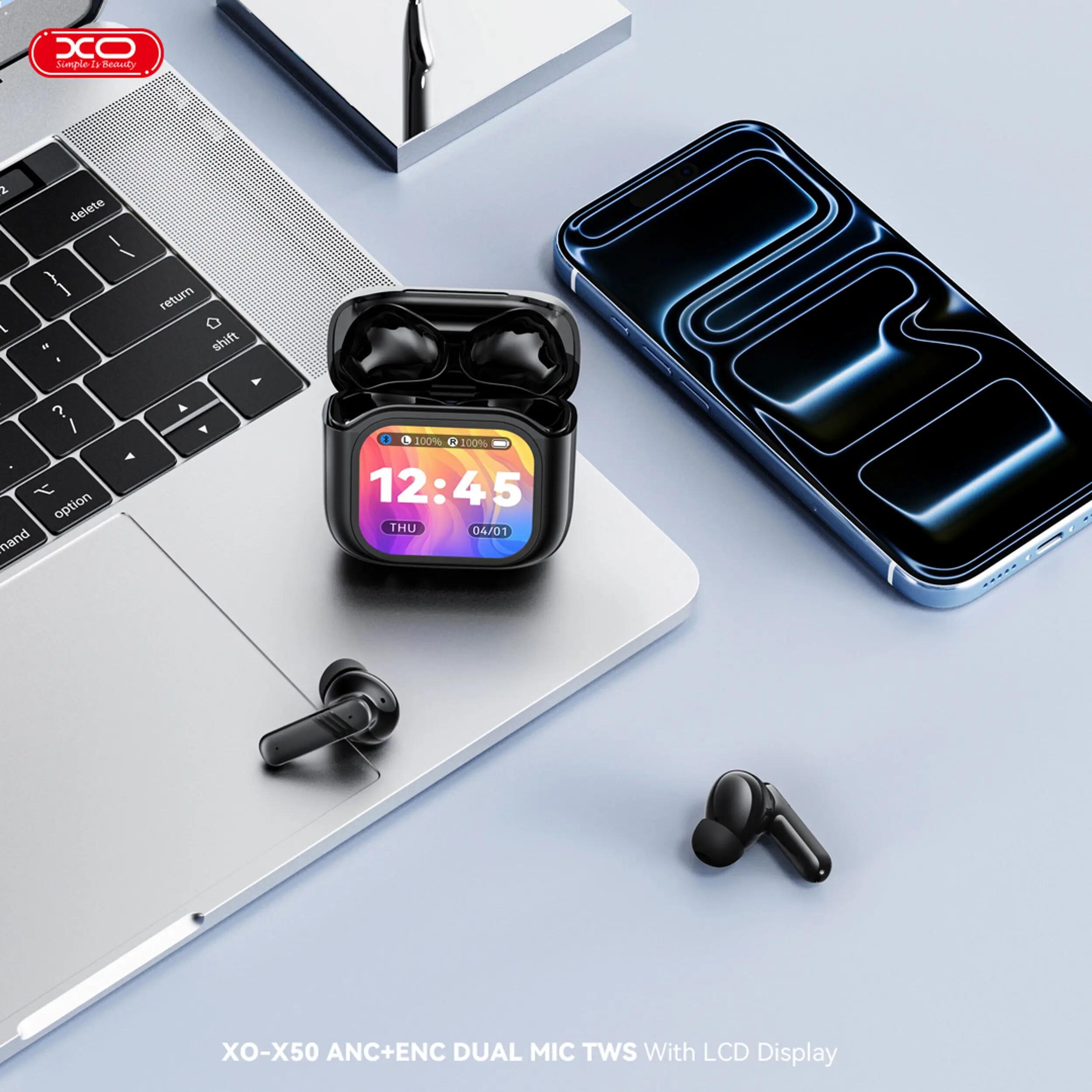 Auriculares Bluetooth XO X50 TWS pretos LCD, ANC/ENC e duplo microfone 7/8