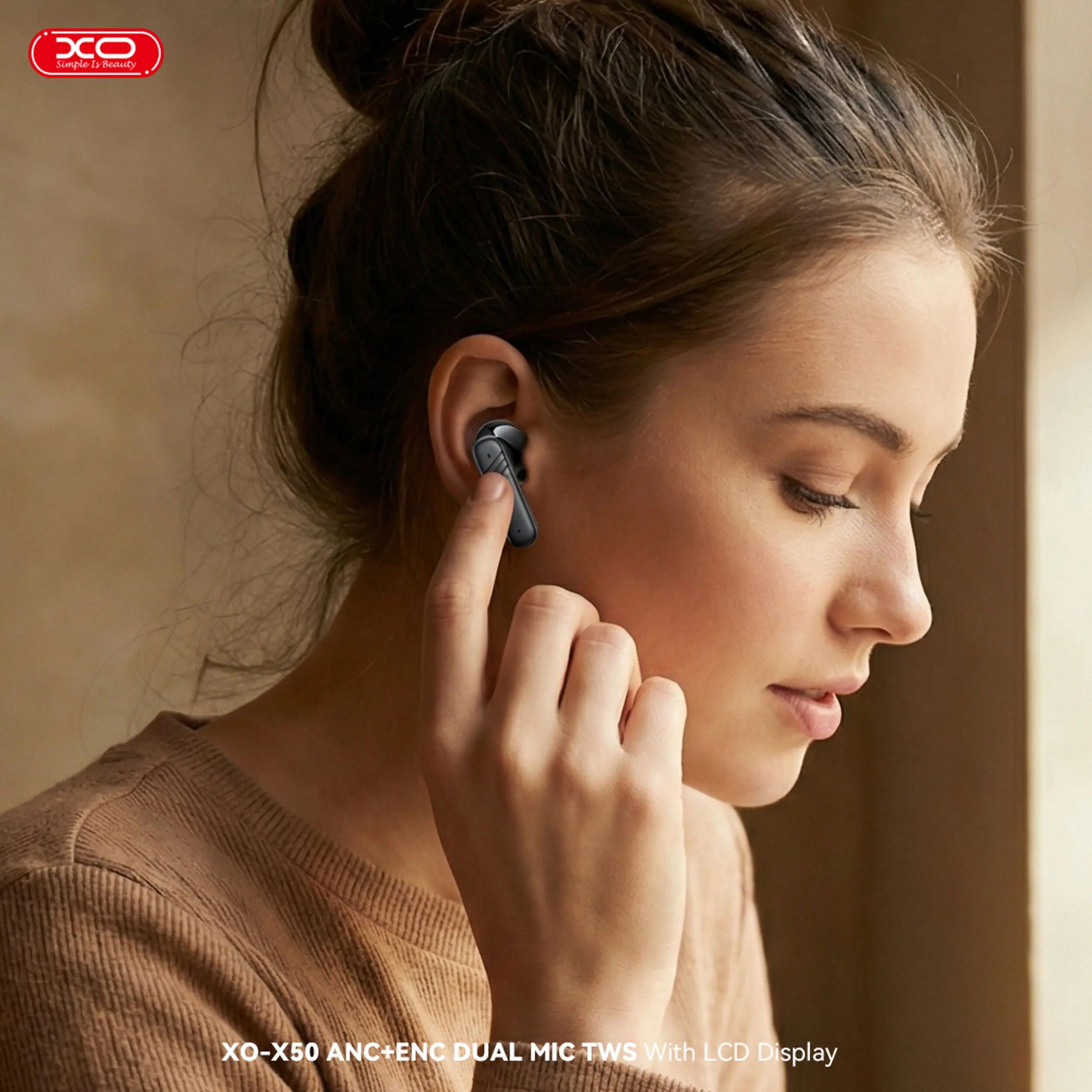 Auriculares Bluetooth XO X50 TWS pretos LCD, ANC/ENC e duplo microfone 5/8