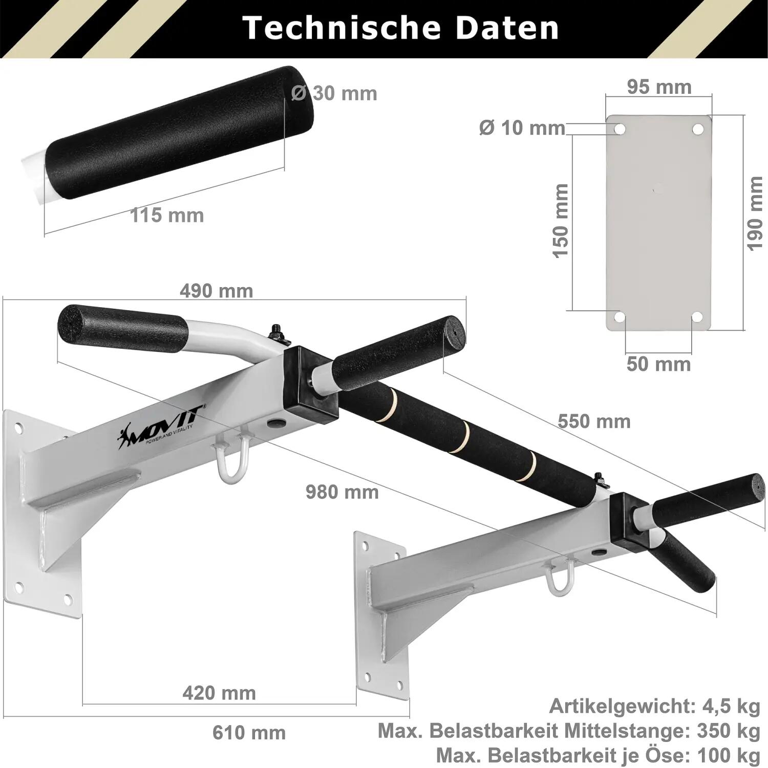 Klimmzugstange Wandmontage Schwarz/Weiss 3/10