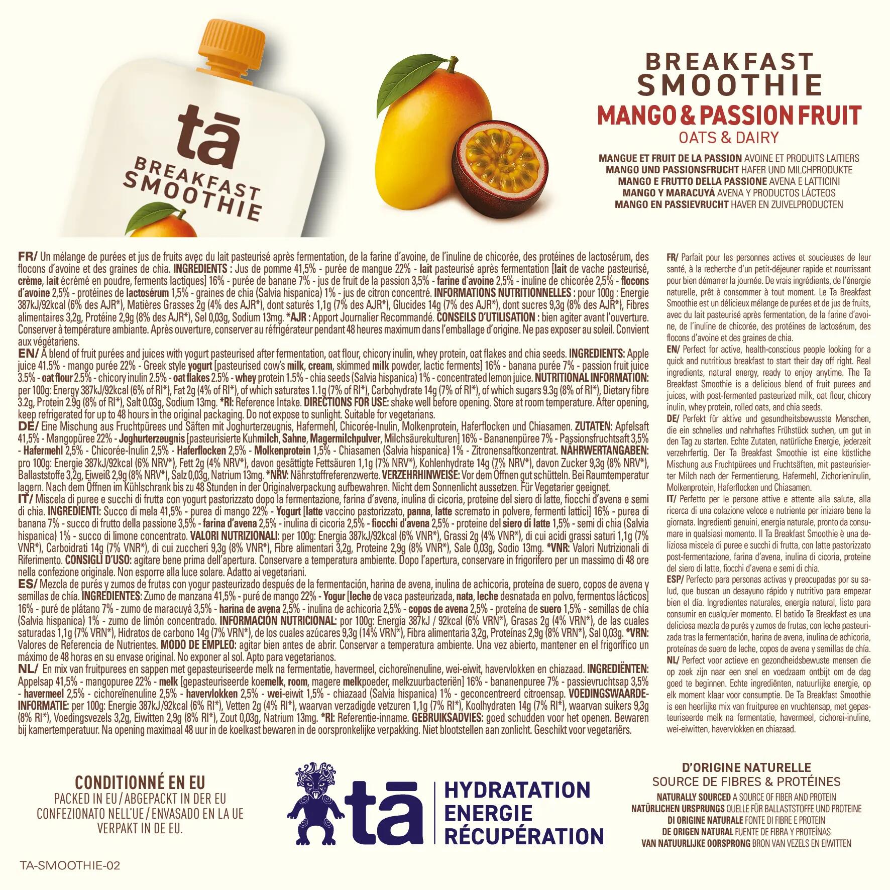 TA Energy Smoothie Petit-Déjeuner 6x150g 100% Naturel Mangue Passion 5/5