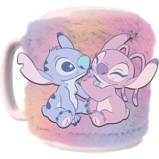 Taza con Funda de Peluche Infantil Angel & Stitch Rosa Pastel, Cerámica 0,45 L