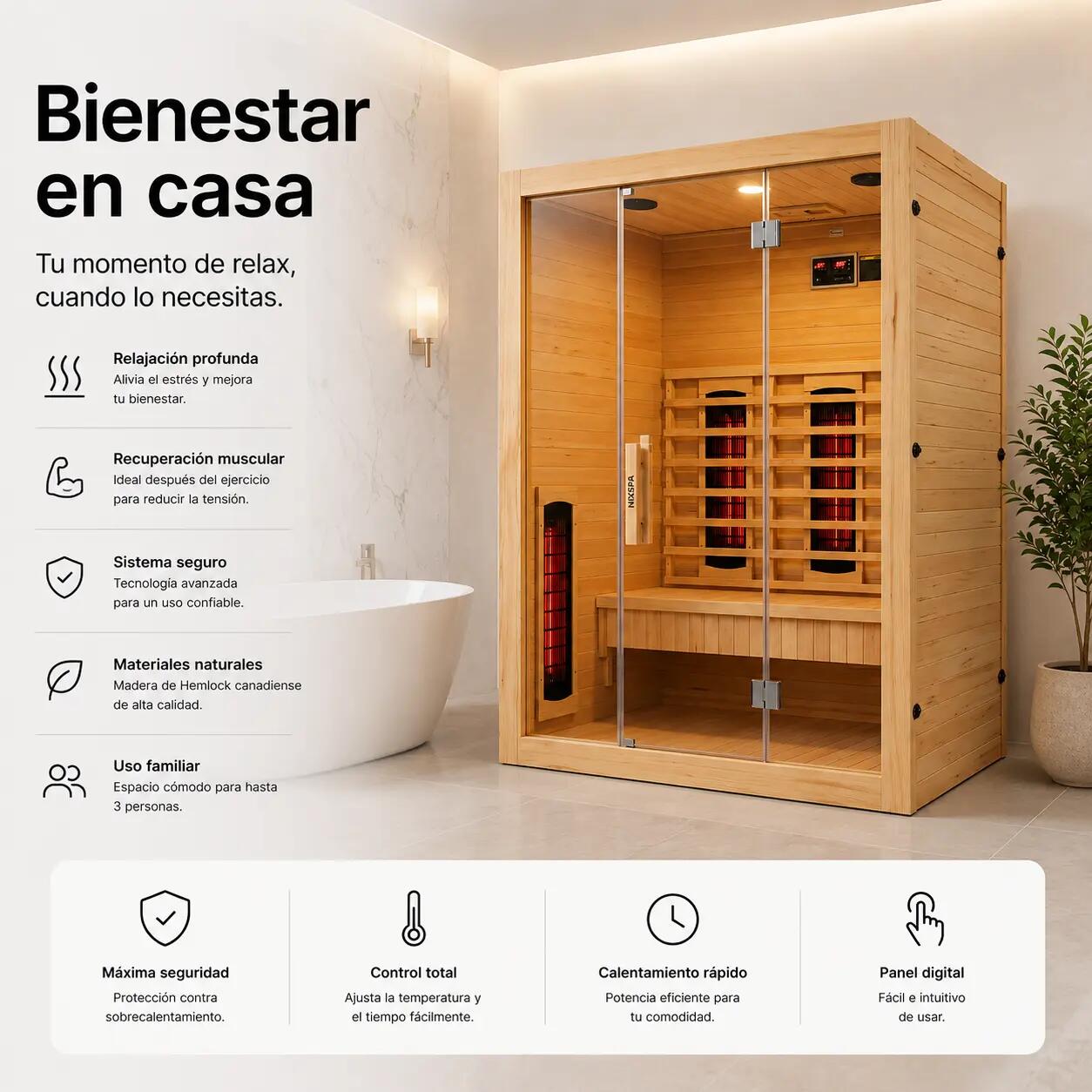 Sauna a infrarossi per casa 3 persone con 6 pannelli, Bluetooth e porta 7/7