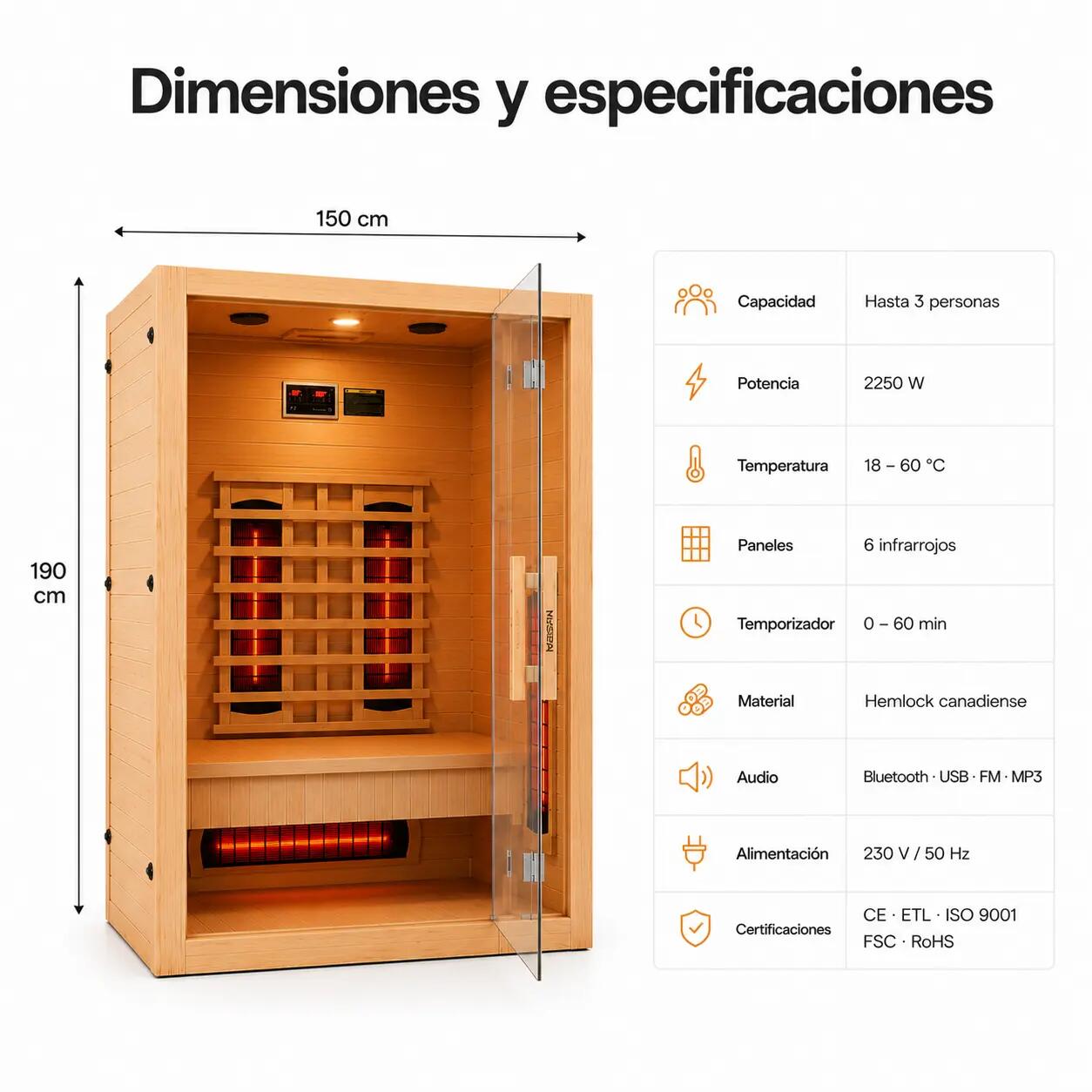Sauna a infrarossi per casa 3 persone con 6 pannelli, Bluetooth e porta 6/7