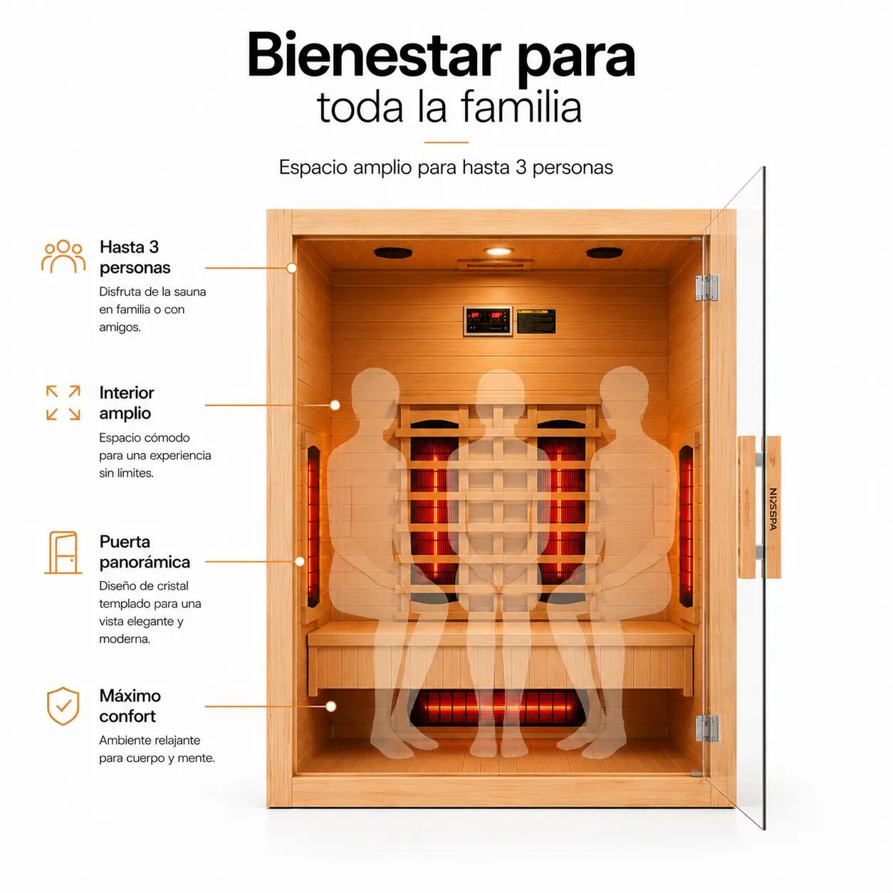 Sauna a infrarossi per casa 3 persone con 6 pannelli, Bluetooth e porta 5/7