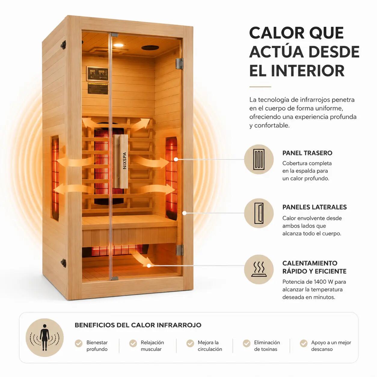 Sauna Infrarouge en Bois Massif pour Maison Individuelle avec 4 Panneaux et 3/7