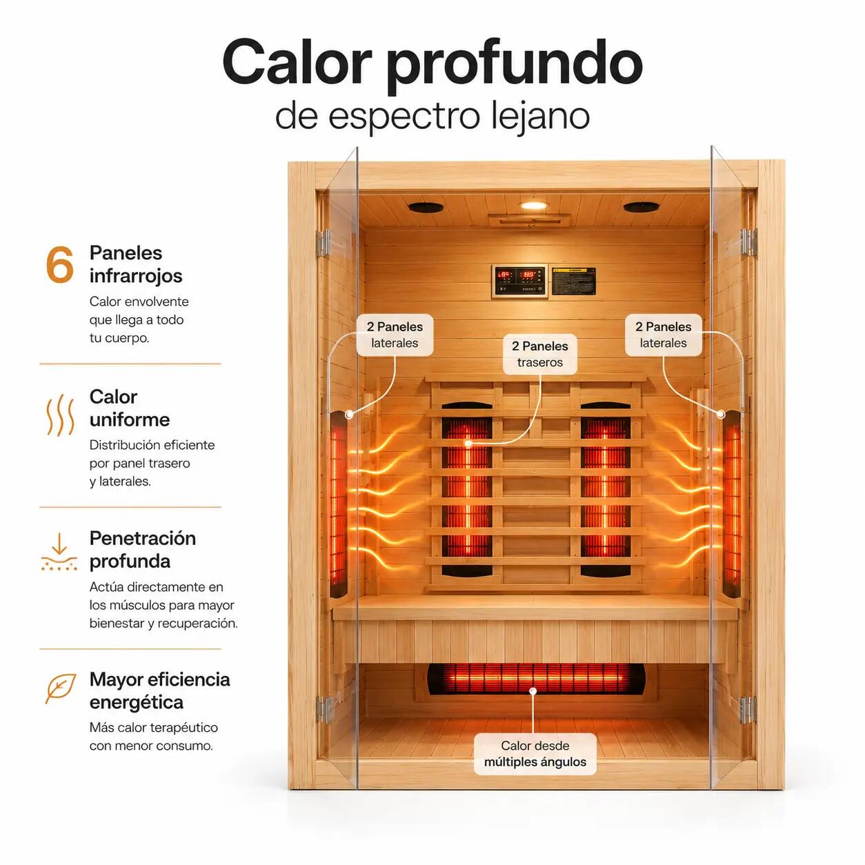 Sauna a infrarossi per casa 3 persone con 6 pannelli, Bluetooth e porta 2/7
