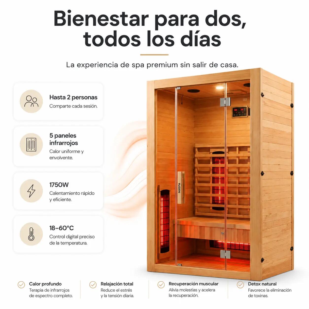 Sauna Infrarouge pour 2 Personnes avec 5 Panneaux, Bluetooth et Contrôle Digital 2/7