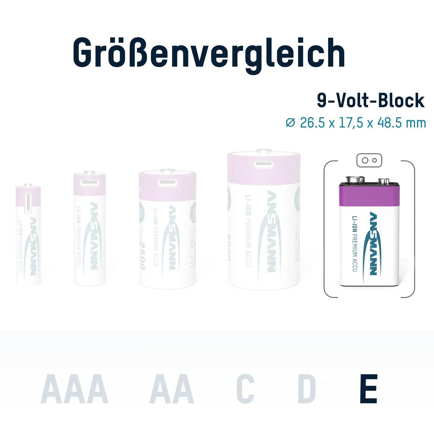 Akku 9V E-Block Typ-C Anschluss Li-Ion 340mAh, 1 Stück, wiederaufladbar 8/8