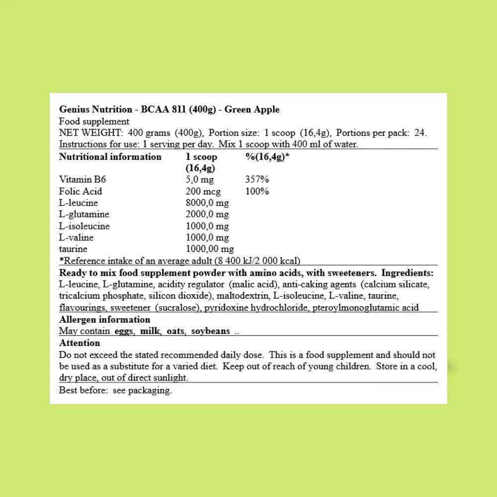 Genius Nutrition BCAA 811 (400g) Green Apple - Acides aminés - BCAA 3/3