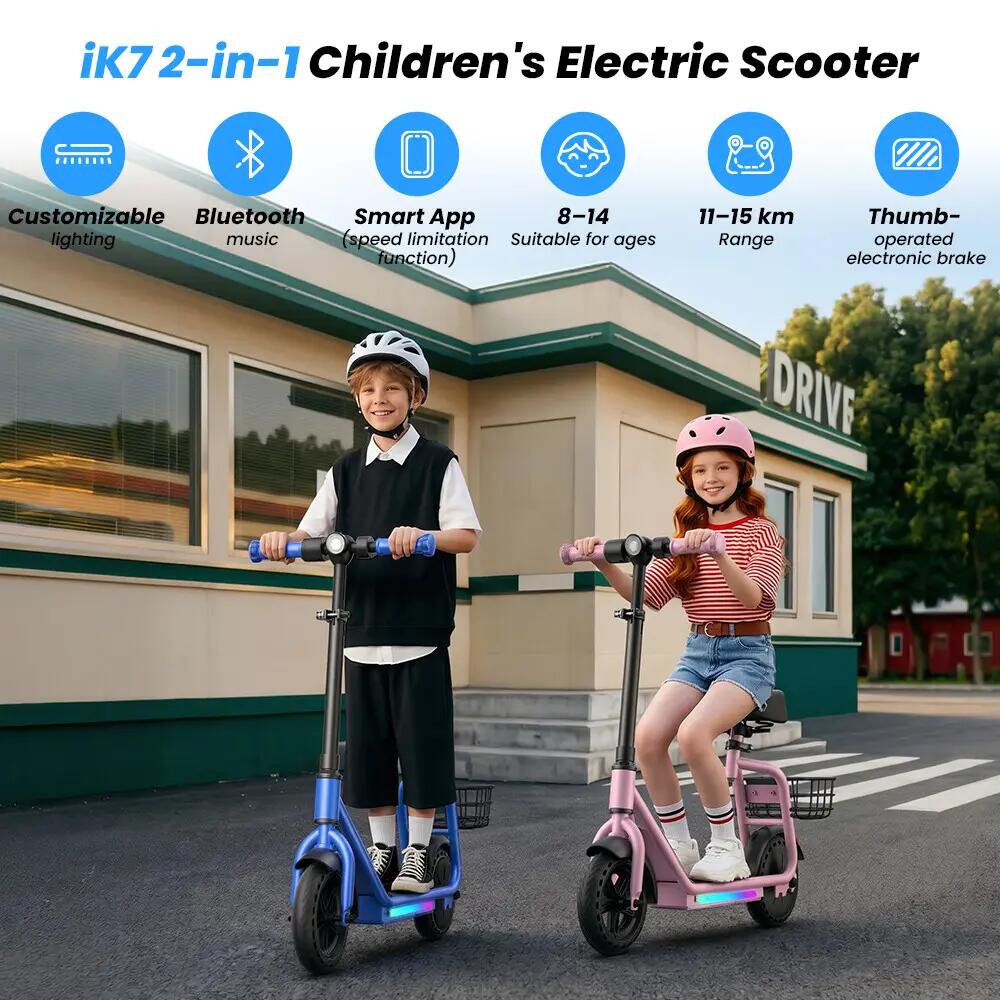 iScooter iK7 trotinete elétrica infantil 20 km/h, assento, cesto e aplicação 12/12