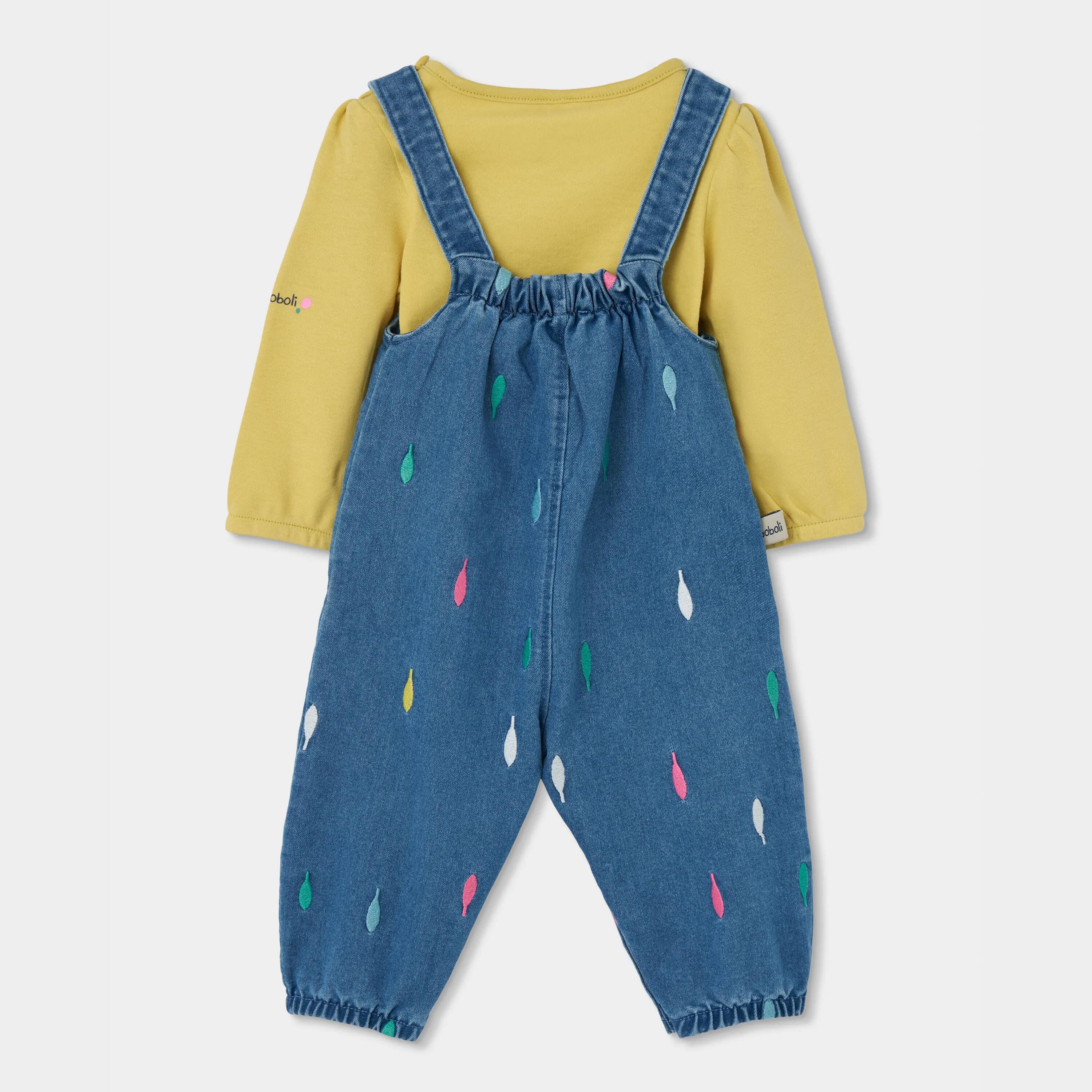 Conjunto denim bebé niña azul estampado hojas 2/7