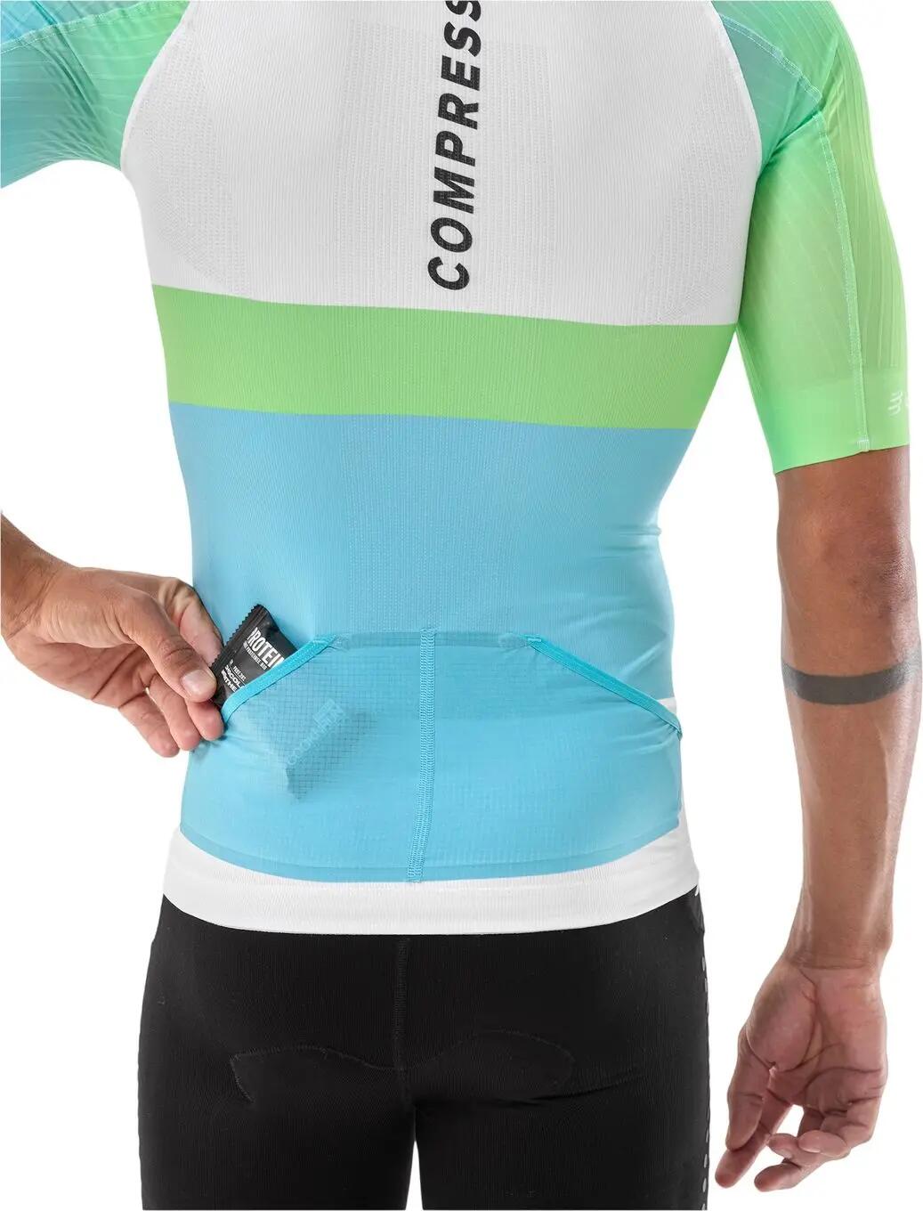 Maillot Manches Courtes Compressport Stream Blanc/Bleu/Vert Homme 4/4