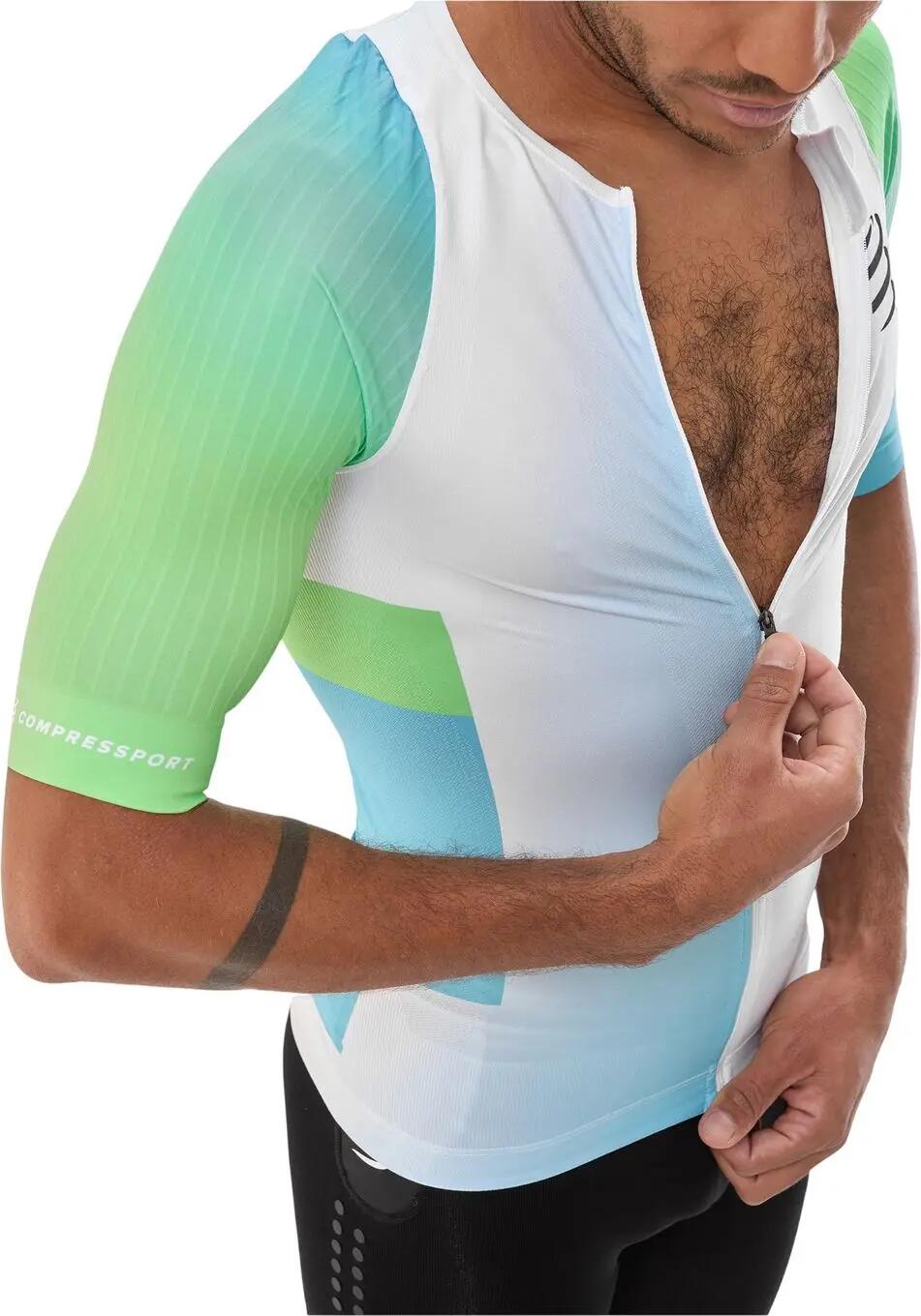 Maillot Manches Courtes Compressport Stream Blanc/Bleu/Vert Homme 3/4