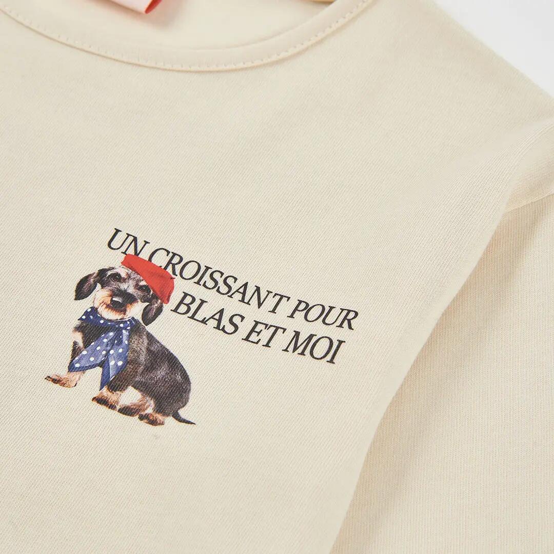 Camiseta punto niña crudo estampado de perro 3/4