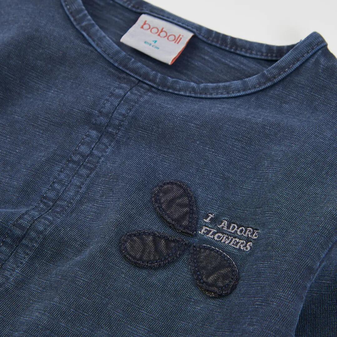 Camiseta punto niña azul marino bordado flores 3/4