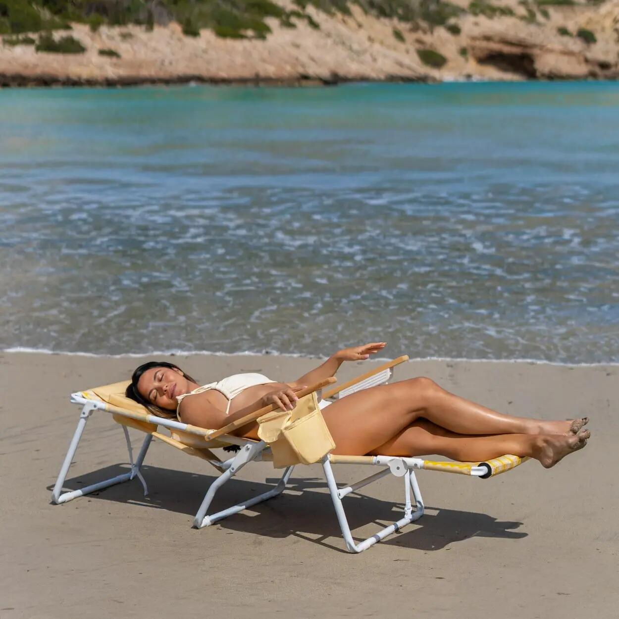 Flamingueo silla playa reclinable reposapiés aluminio amarillo 4/7