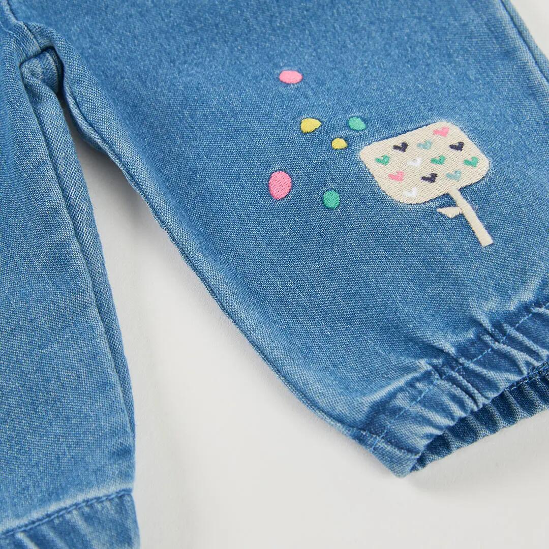 Pantalón denim bebé niña azul bordado de helado 4/4