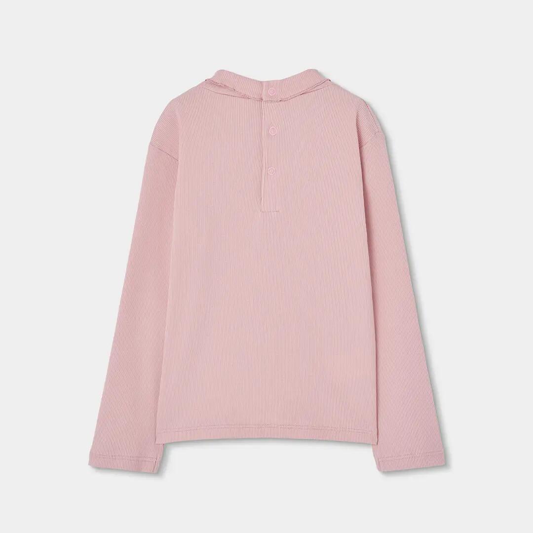 Camiseta punto canalé niña rosa con volante 2/4