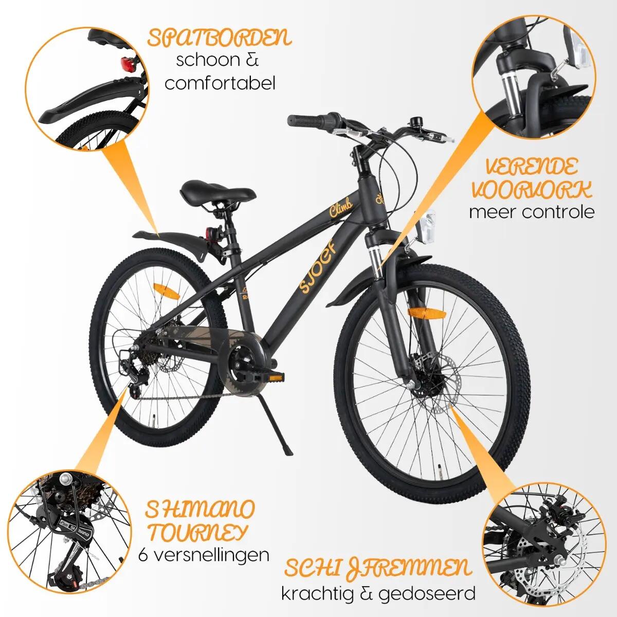 Climb Mountainbike Jongens 22 inch - 7-9 Jaar - 6V & Schijfrem – Zwart 6/12