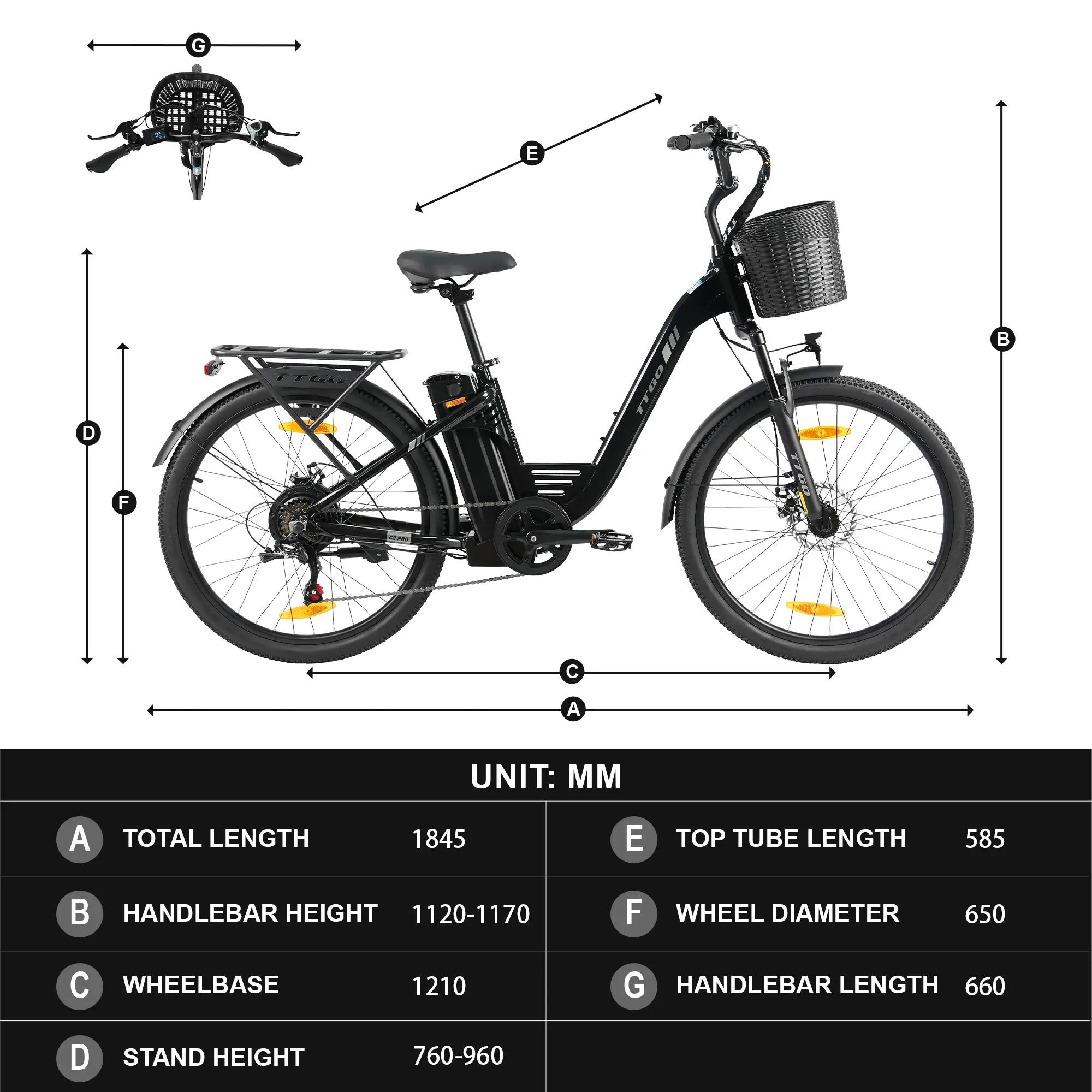 Mestský elektrobicykel pre dospelých TTGO C2PRO 26×1,95 pláště batéria 36V 18Ah 12/15