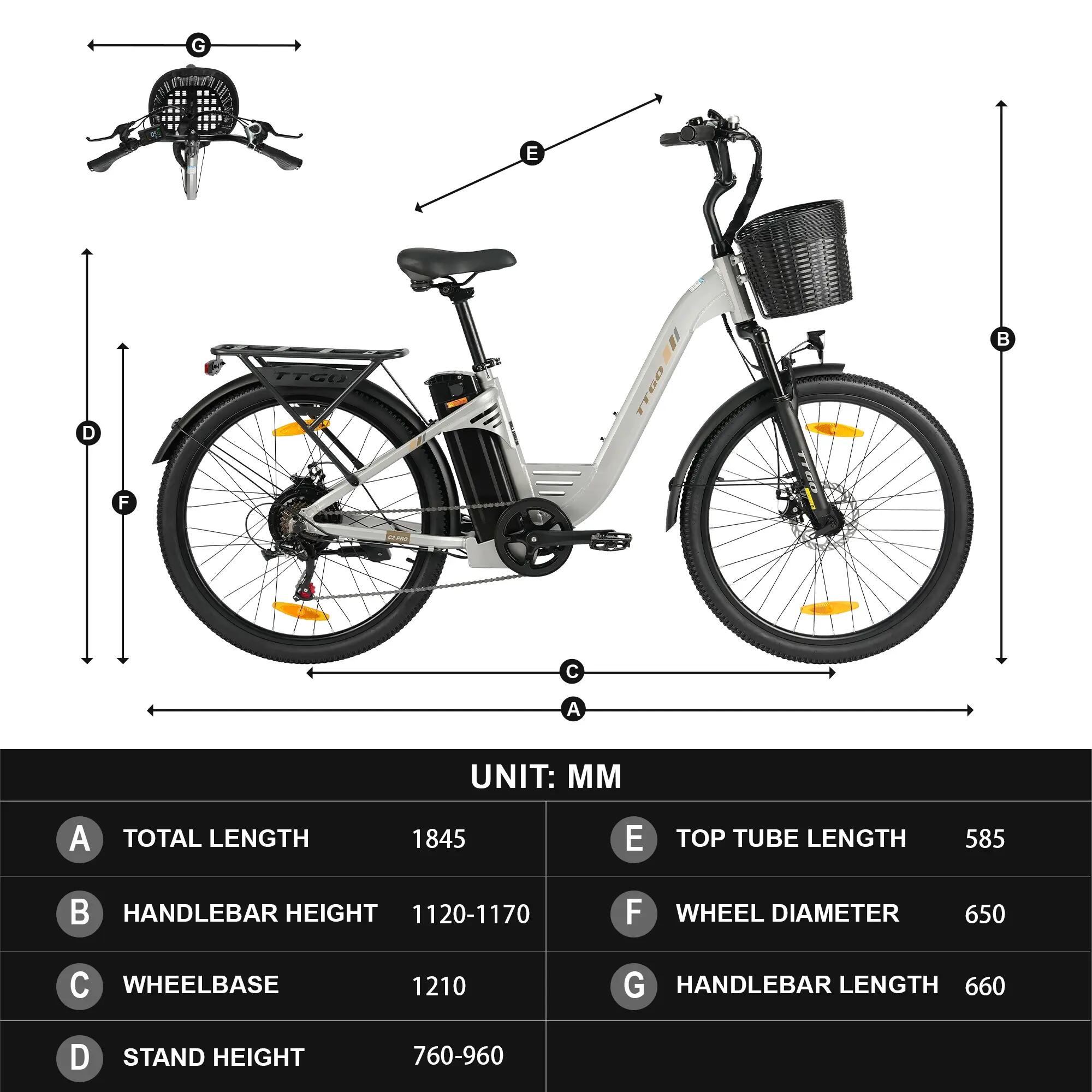 Erwachsenes City-E-Bike TTGO C2PRO 26×1,95 Reifen 36V 18Ah Akku 12/15