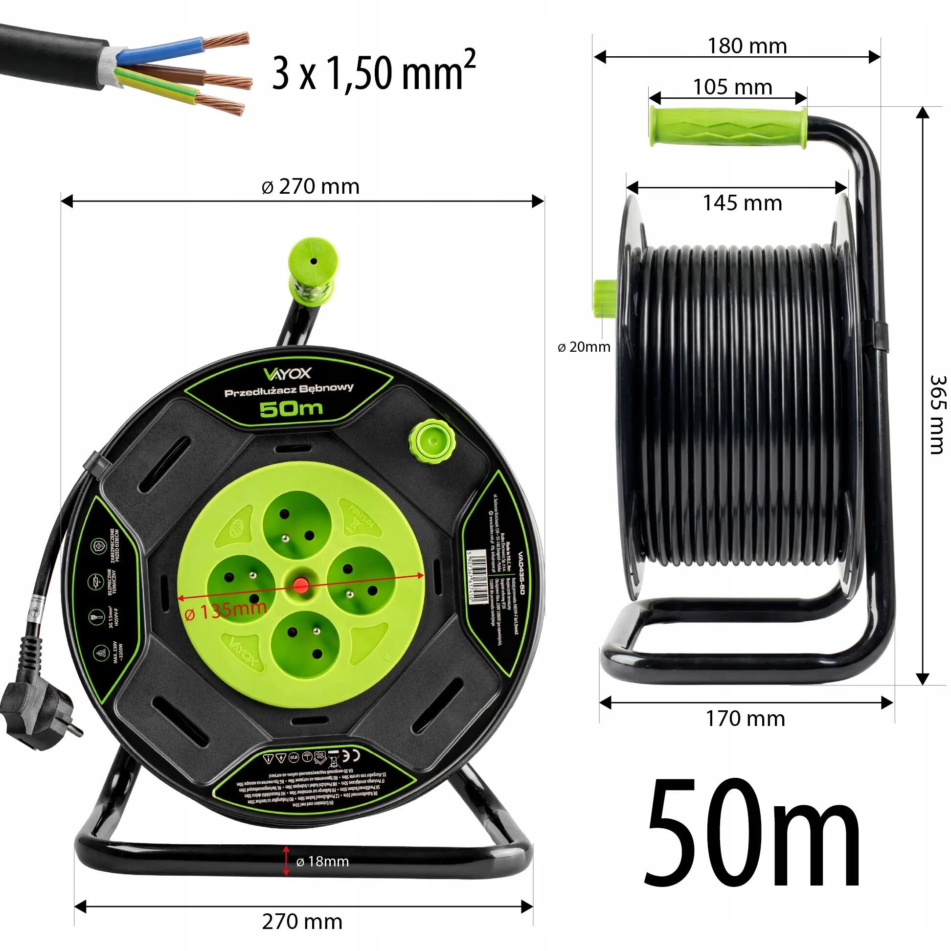 Przedłużacz bębnowy Vayox VA0435 3x1,5mm² 4 gniazda IP20 5/15