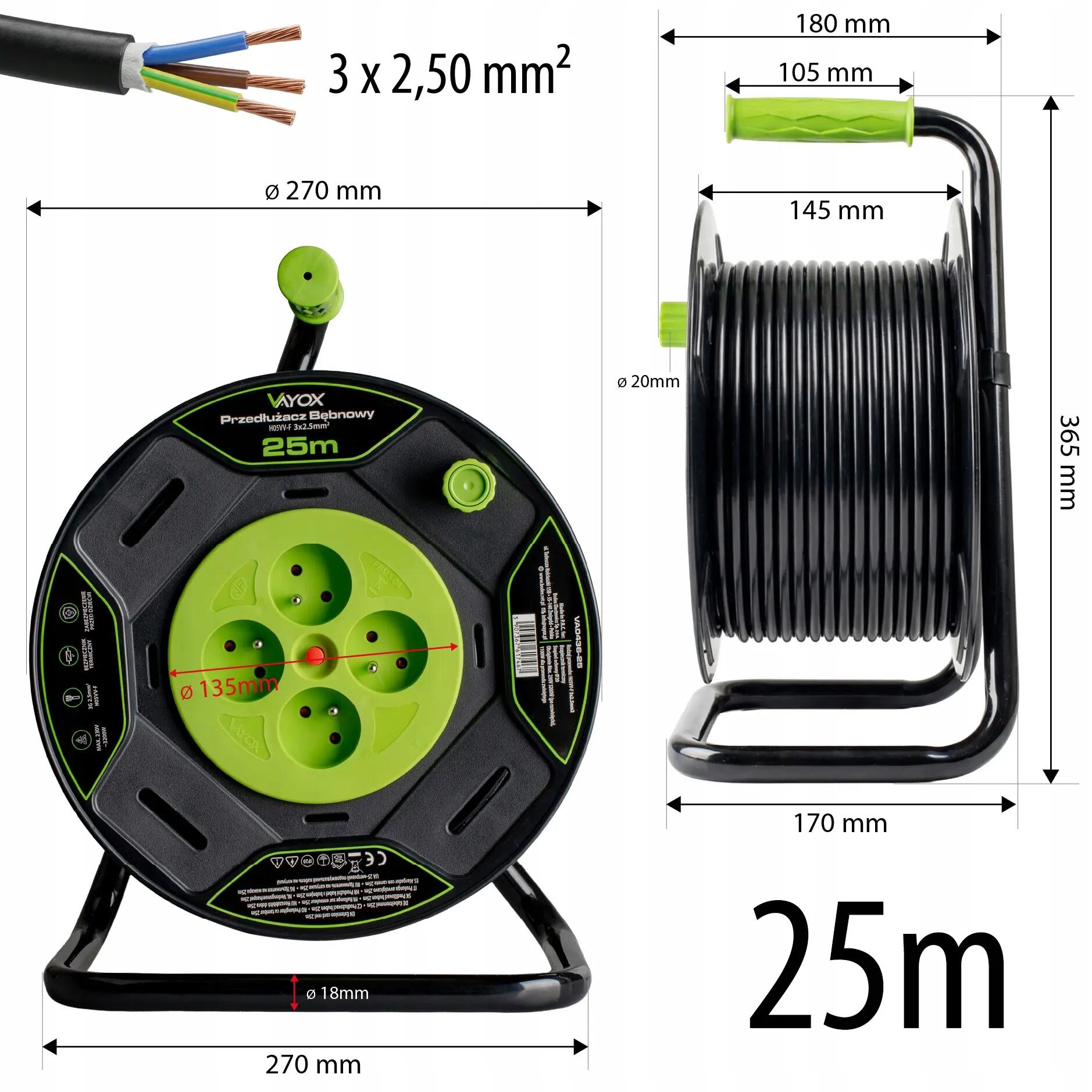 Przedłużacz bębnowy Vayox VA0436 3x2,5mm² 4 gniazda IP20 5/15