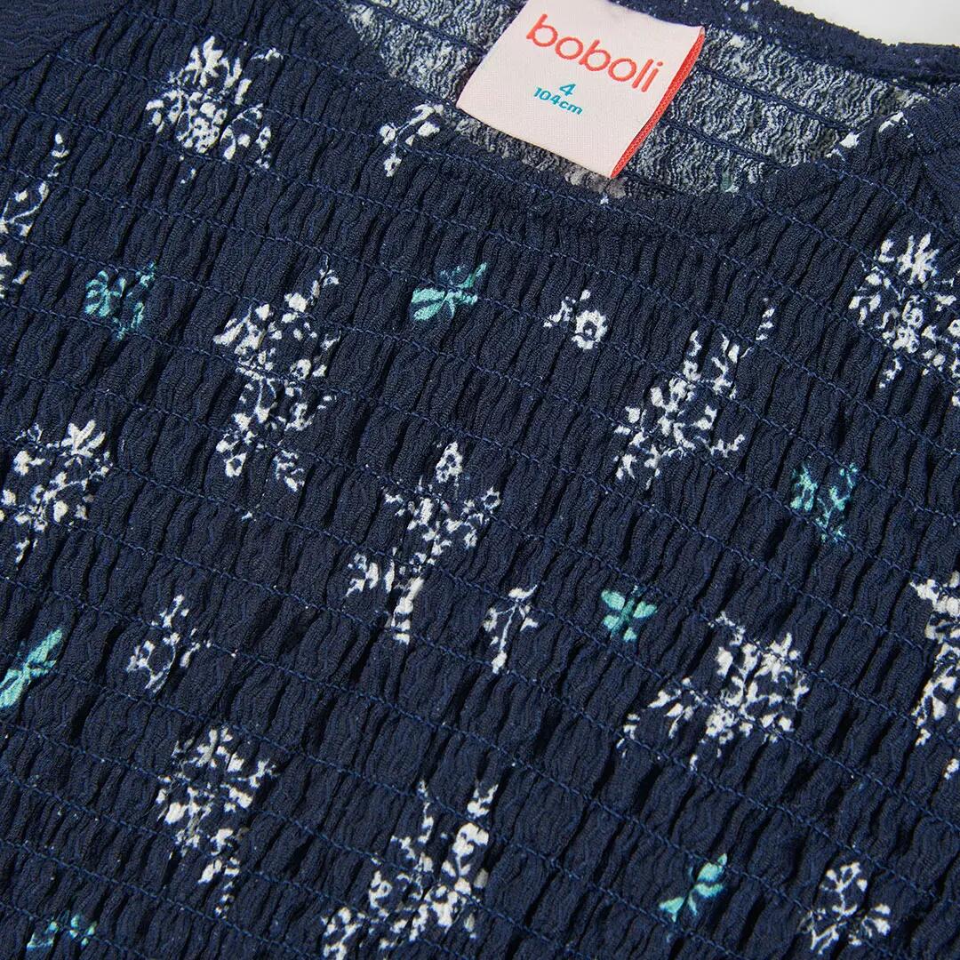 Vestido punto azul marino estampado flores y libélulas 3/4