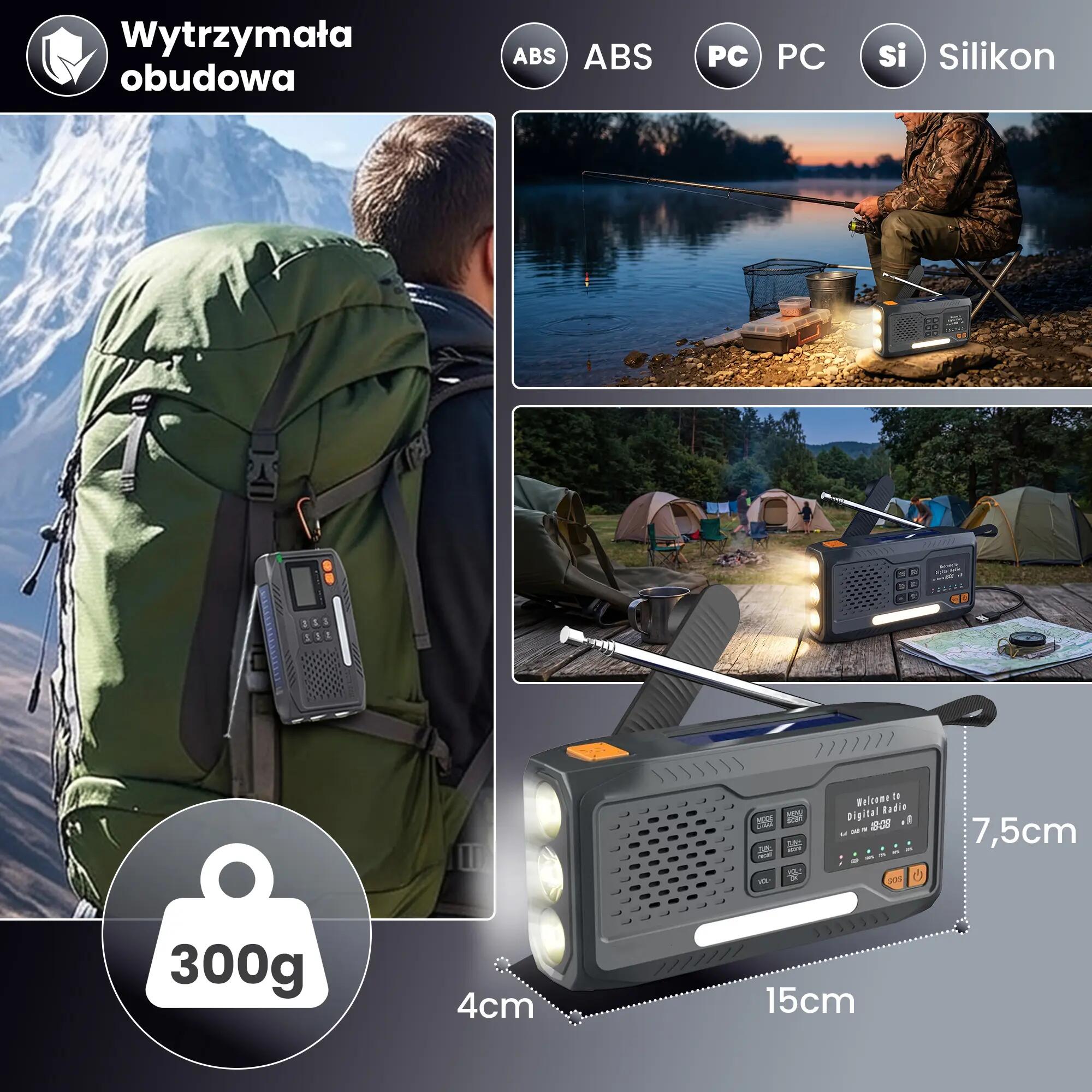 RADIO NA KORBKĘ DAB+ FM solarne dynamo awaryjne LATARKA Powerbank 4500mAh 4/10