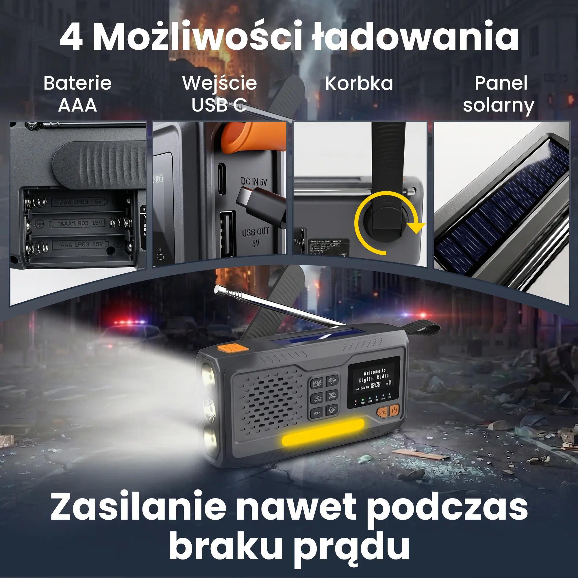 RADIO NA KORBKĘ DAB+ FM solarne dynamo awaryjne LATARKA Powerbank 4500mAh 3/10