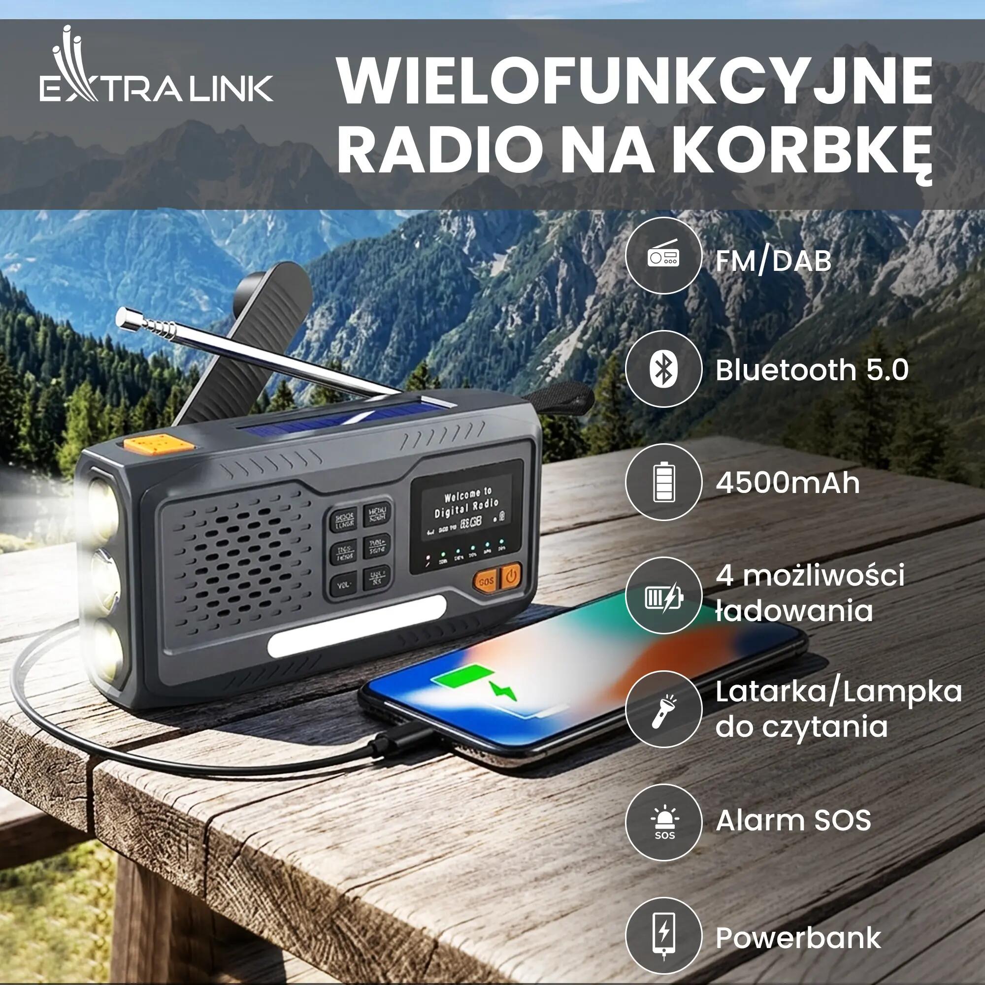 RADIO NA KORBKĘ DAB+ FM solarne dynamo awaryjne LATARKA Powerbank 4500mAh 2/10