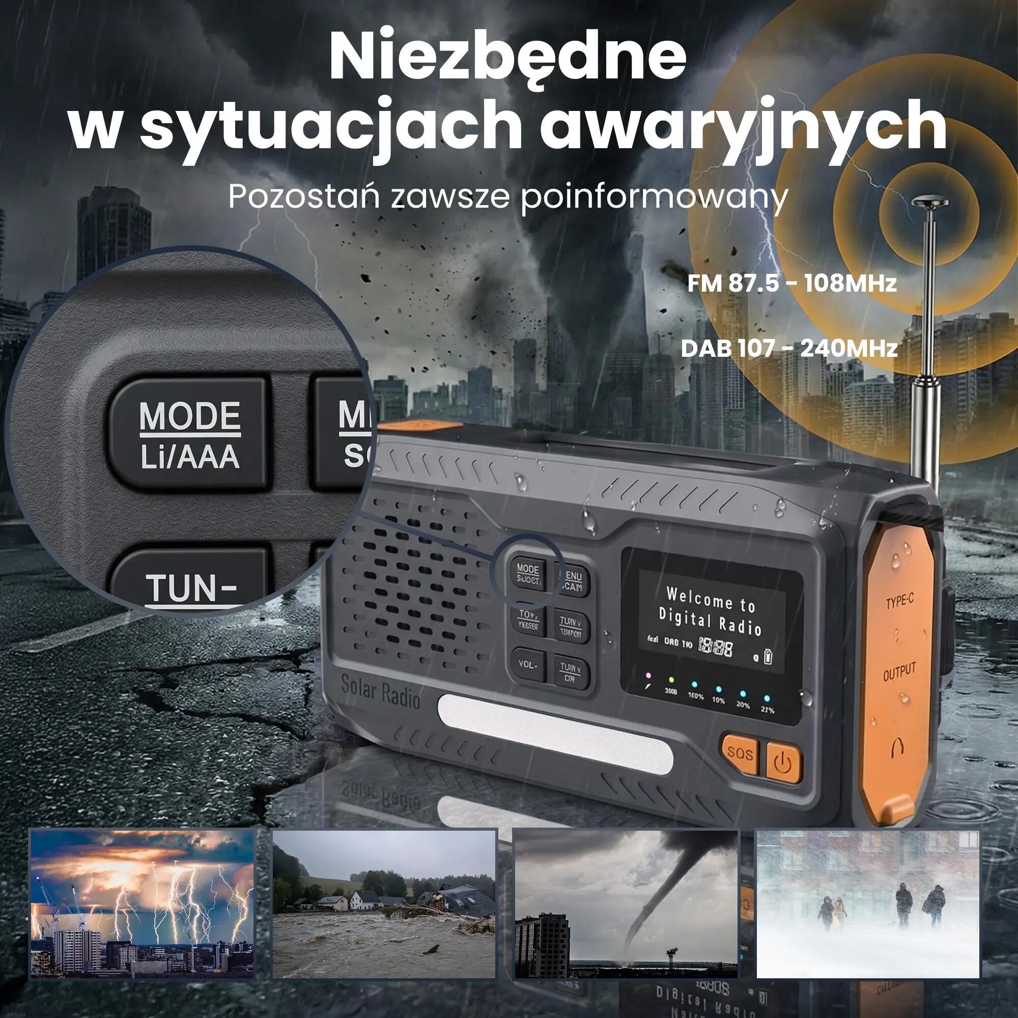 RADIO NA KORBKĘ DAB+ FM solarne dynamo awaryjne LATARKA Powerbank 4500mAh 10/10