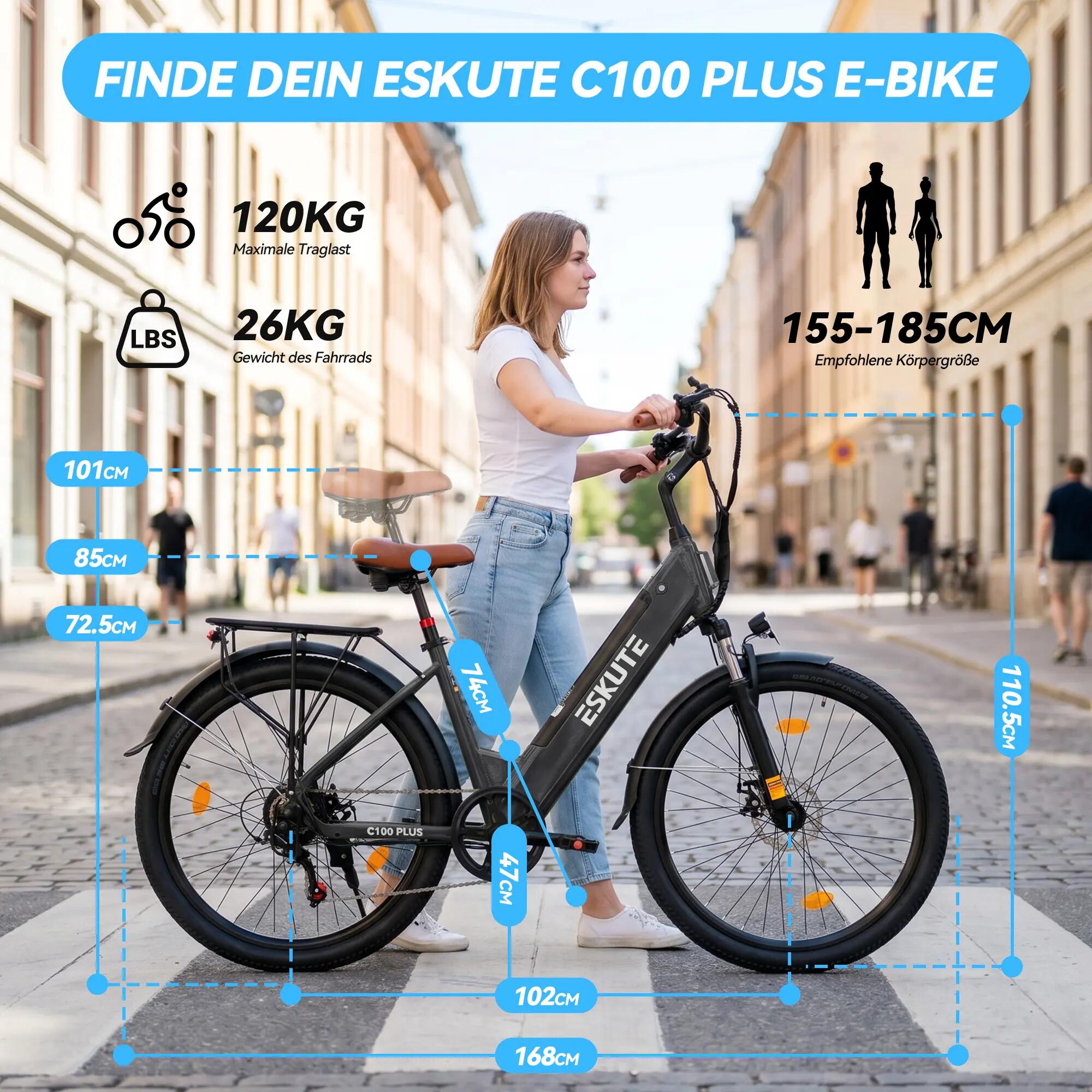 Bicicleta elétrica urbana ESKUTE C100 Plus, bateria 36V 13Ah, pneus 26" 7/7