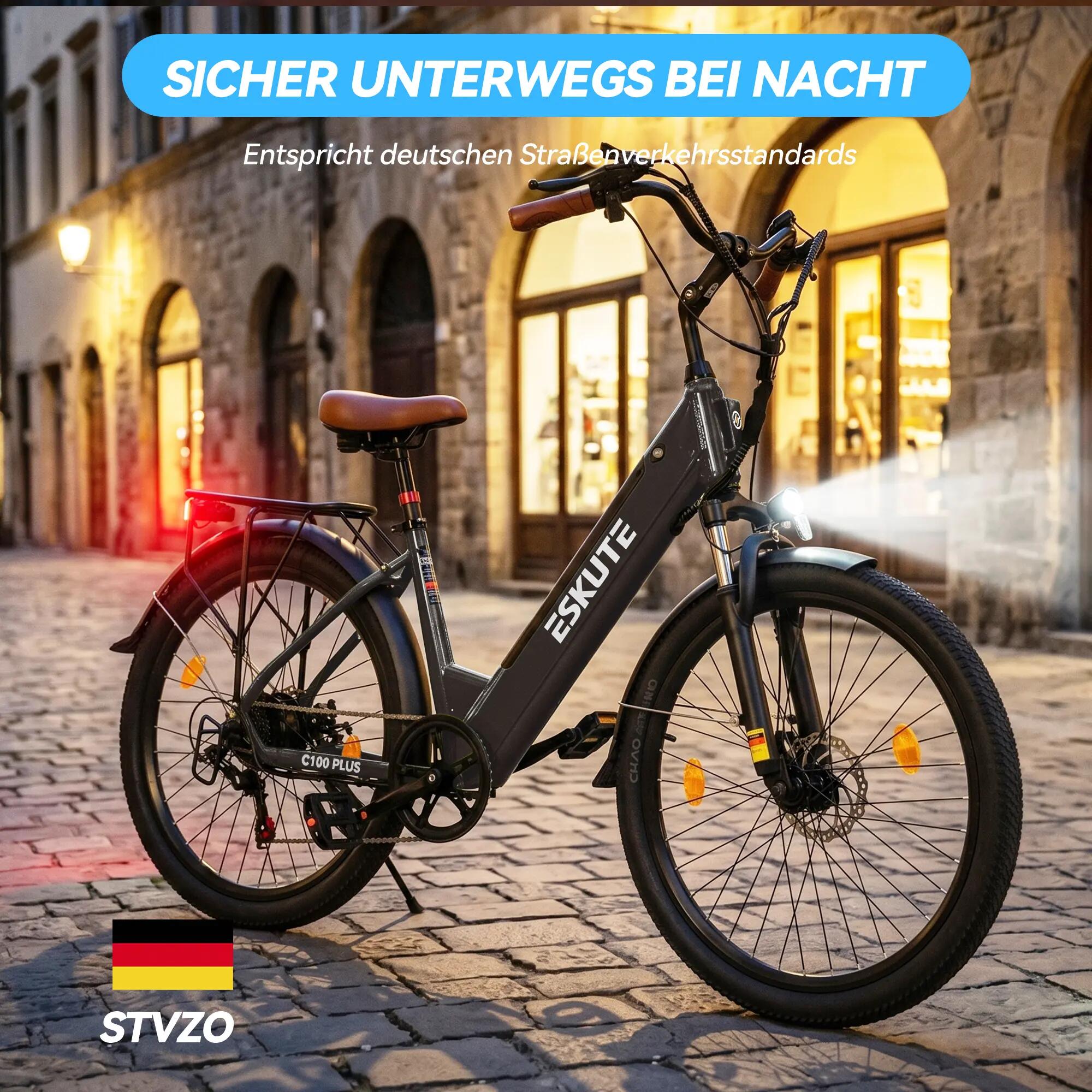 Bicicleta elétrica urbana ESKUTE C100 Plus, bateria 36V 13Ah, pneus 26" 6/7