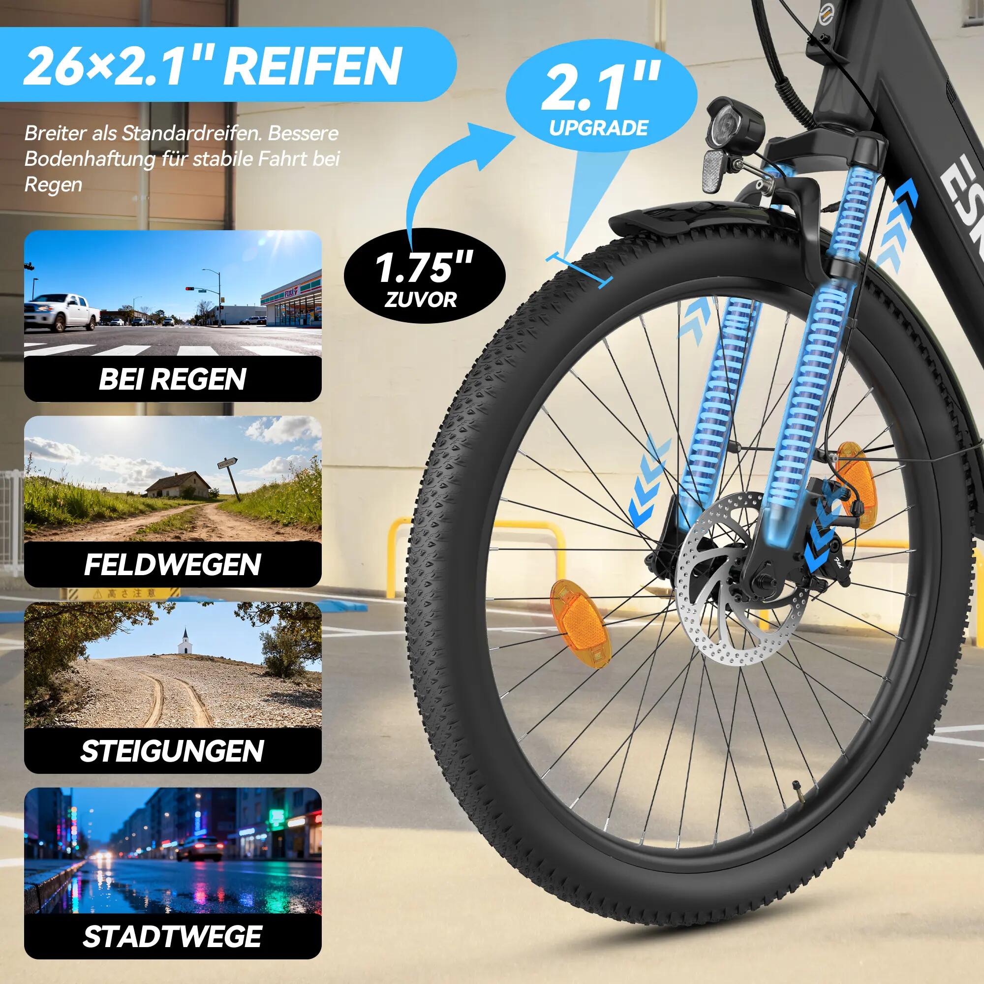 Bicicleta elétrica urbana ESKUTE C100 Plus, bateria 36V 13Ah, pneus 26" 5/7