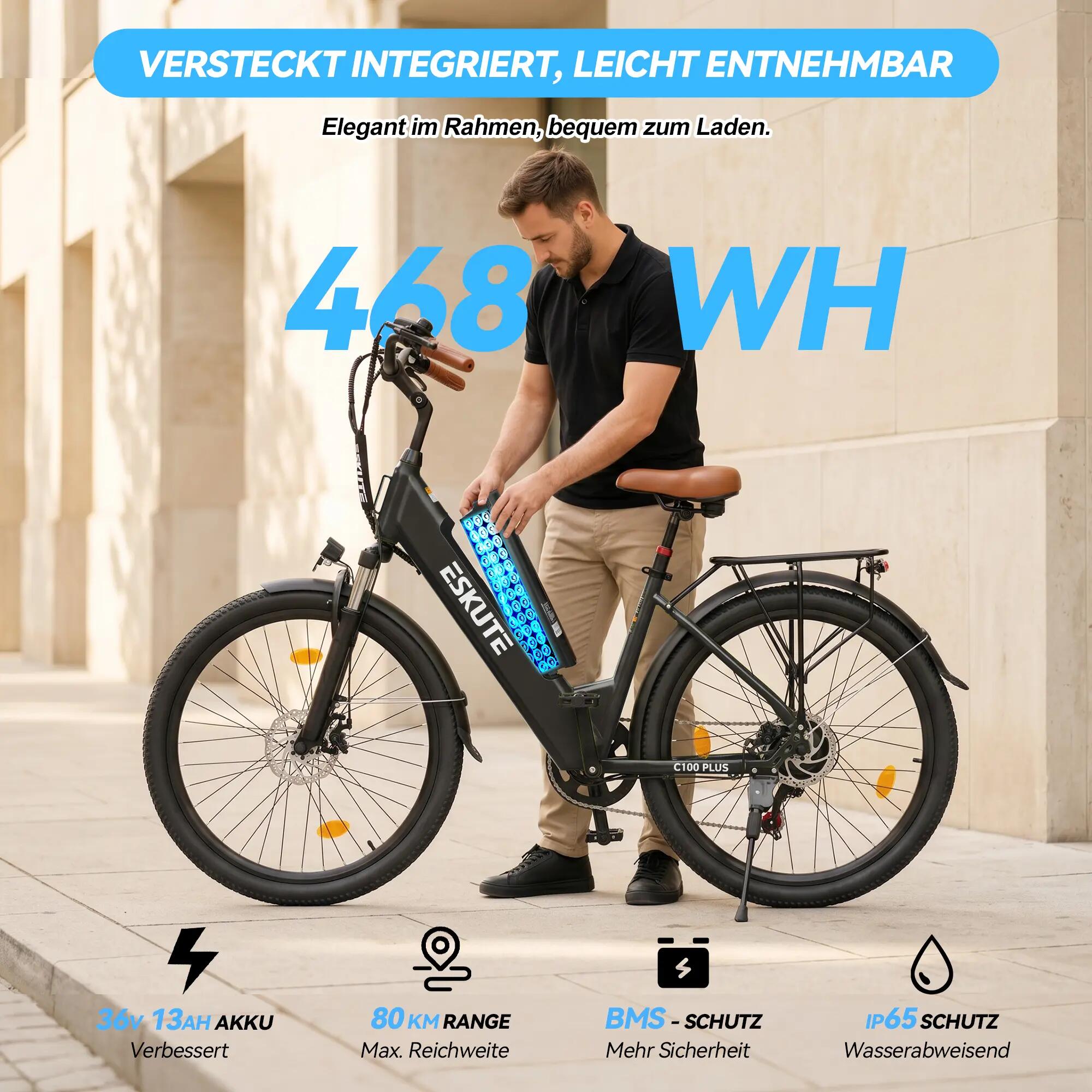 Bici elettrica ESKUTE C100 Plus Motore 250W Batteria 36V 13Ah Pneumatici 26" 3/8