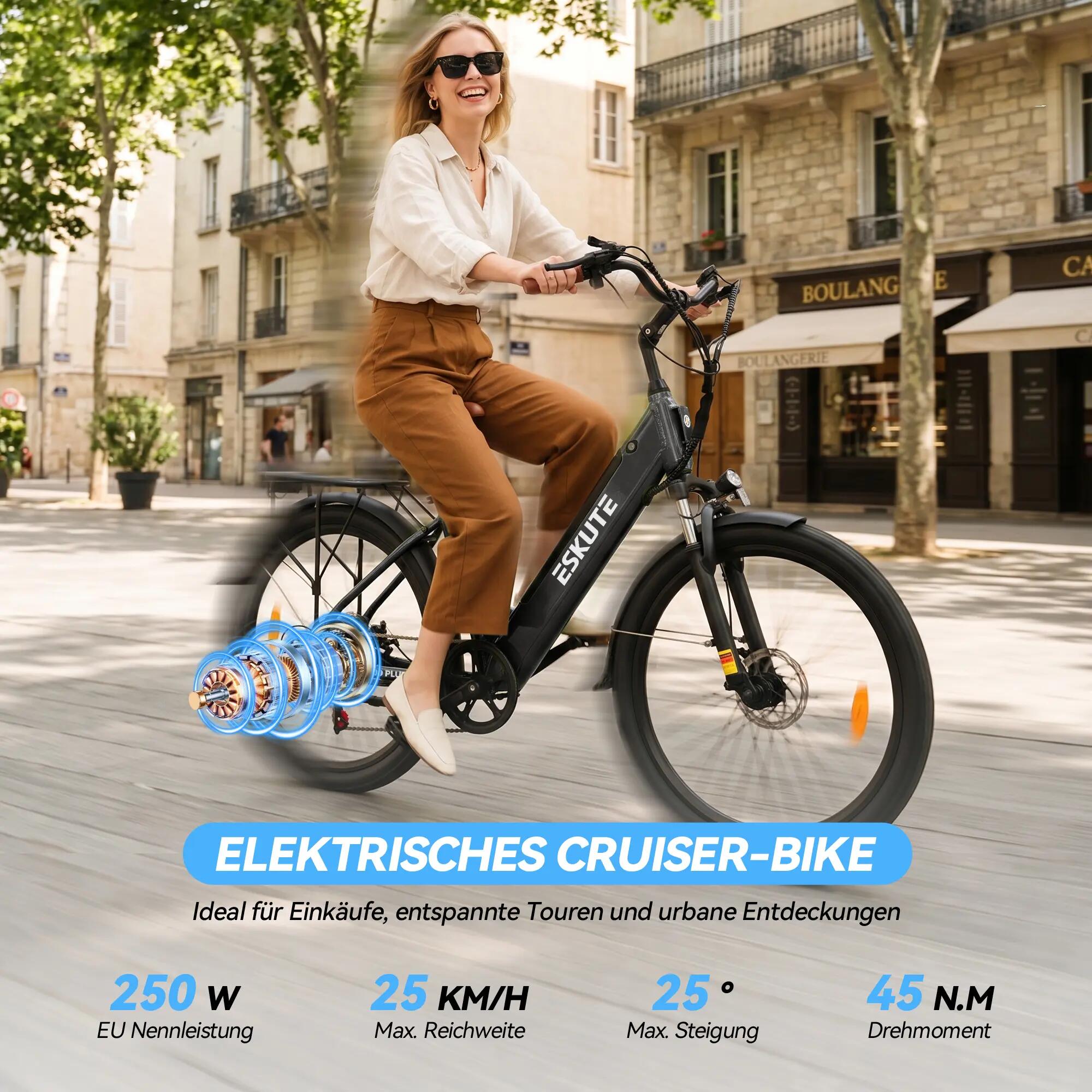 Bicicleta elétrica urbana ESKUTE C100 Plus, bateria 36V 13Ah, pneus 26" 3/7