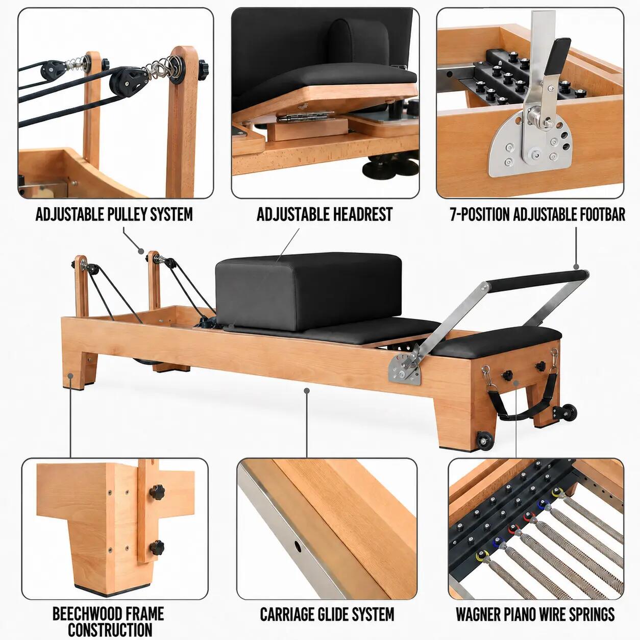 Reformer de Pilates H80 em madeira de faia 5/6