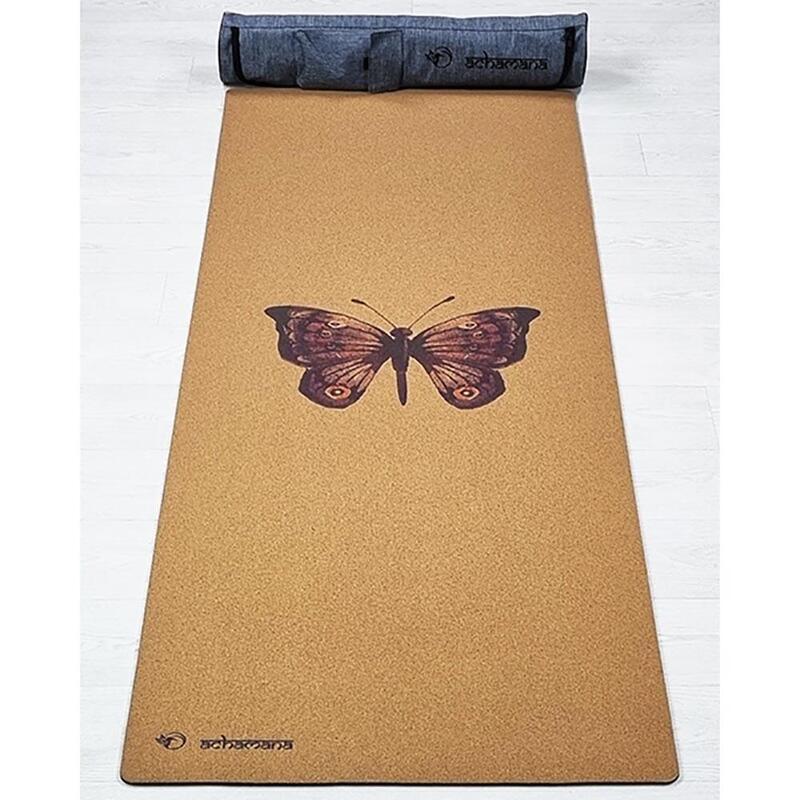 Tapis de yoga caoutchouc & liège 5mmx68cmx1,83m - Papillon + Sac de yoga