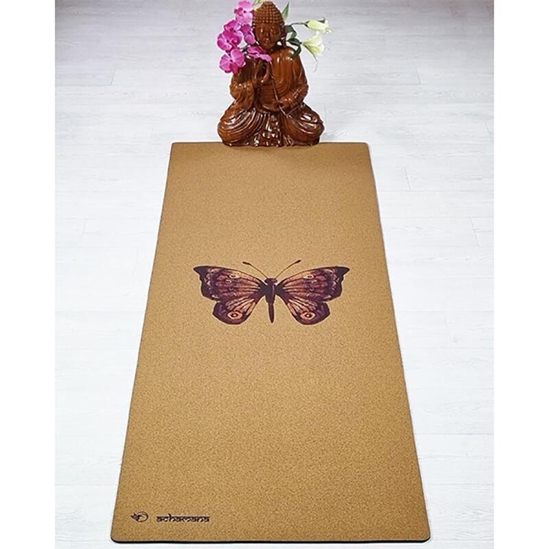 Tapis de yoga caoutchouc & liège 5mmx68cmx1,83m - Papillon + Sac de yoga