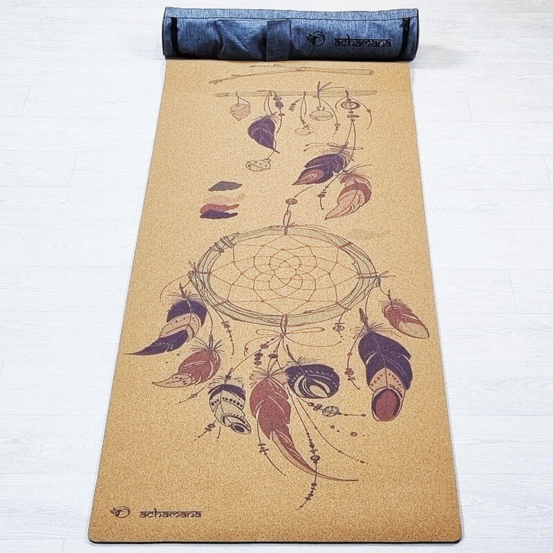 Tapis de yoga caoutchouc & liège 5mmx68cmx1,83m - Attrape rêves + Sac de yoga