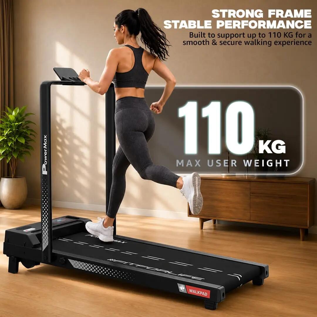 PowerMax Fitness WALKPAD (3HP Peak) Compact Motorized Treadmill for Home-Office use with Remote Control, Max User 110kg, Top Speed 10km/h, 1000x400mm Running Deck, LED Display, iPad & Mobile Holder -  5