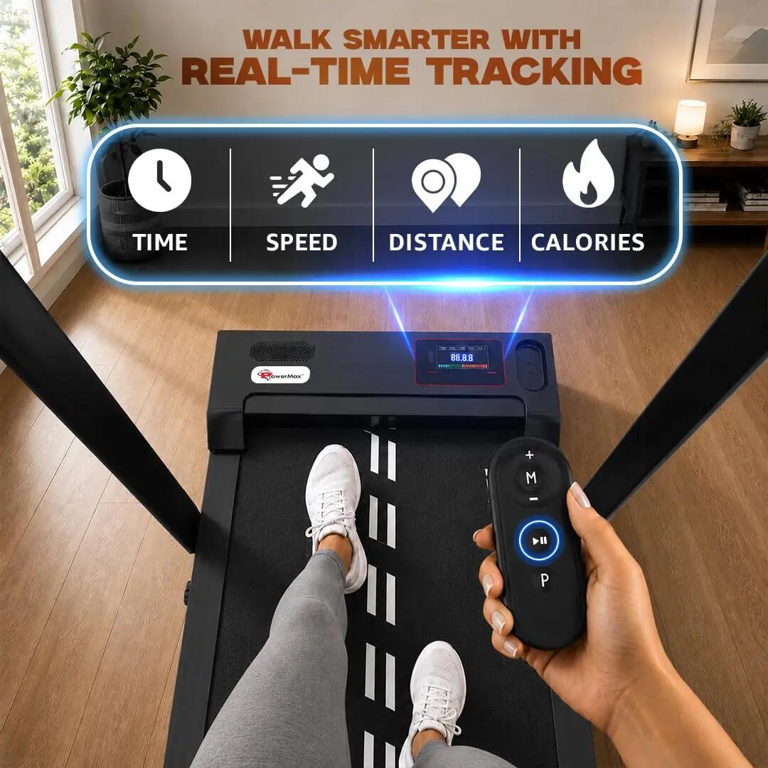 PowerMax Fitness WALKPAD (3HP Peak) Compact Motorized Treadmill for Home-Office use with Remote Control, Max User 110kg, Top Speed 10km/h, 1000x400mm Running Deck, LED Display, iPad & Mobile Holder -  4