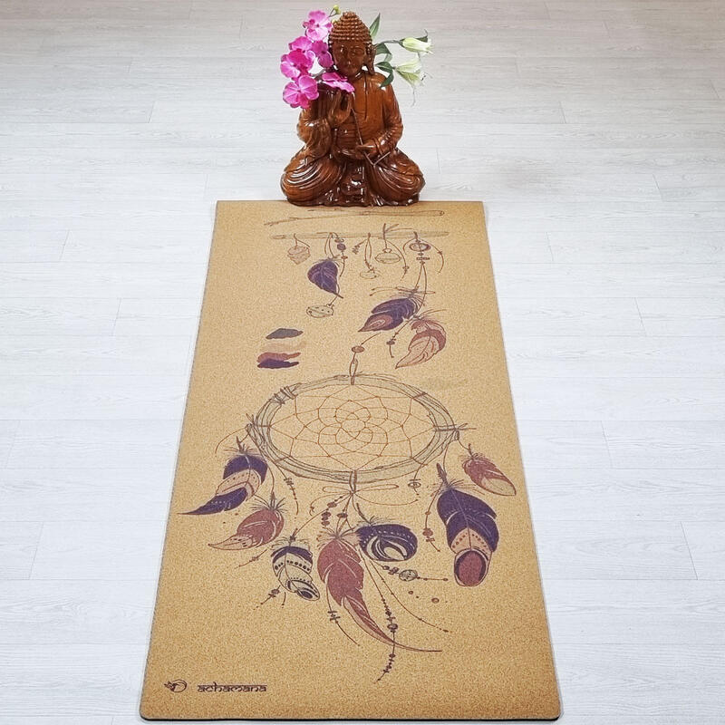 Tapis de yoga caoutchouc & liège 5mmx68cmx1,83m - Attrape rêves + Sac de yoga