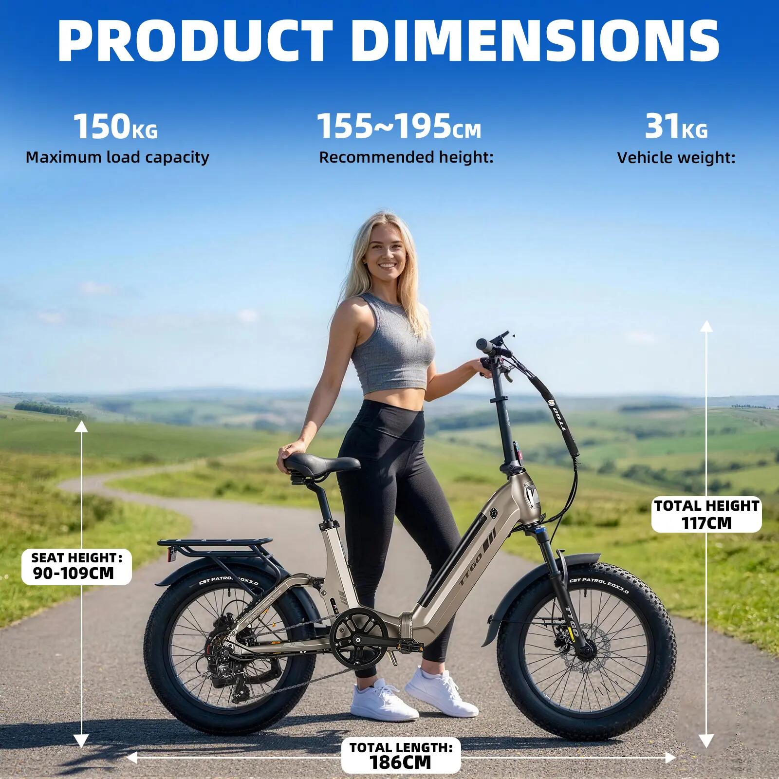 Elektrofahrrad für Erwachsene TTGO F7, 250W-Motor, 48V 15Ah-Akku 15/15